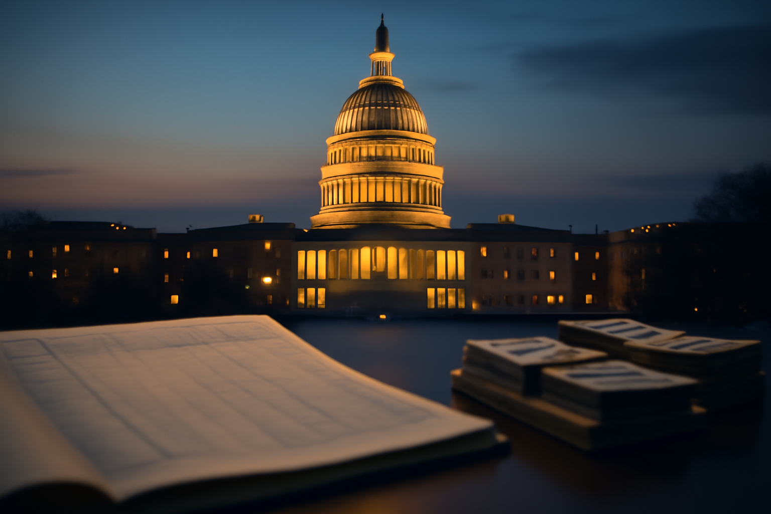 U.S. Capitol building with a federal budget ledger and scattered currency in the foreground