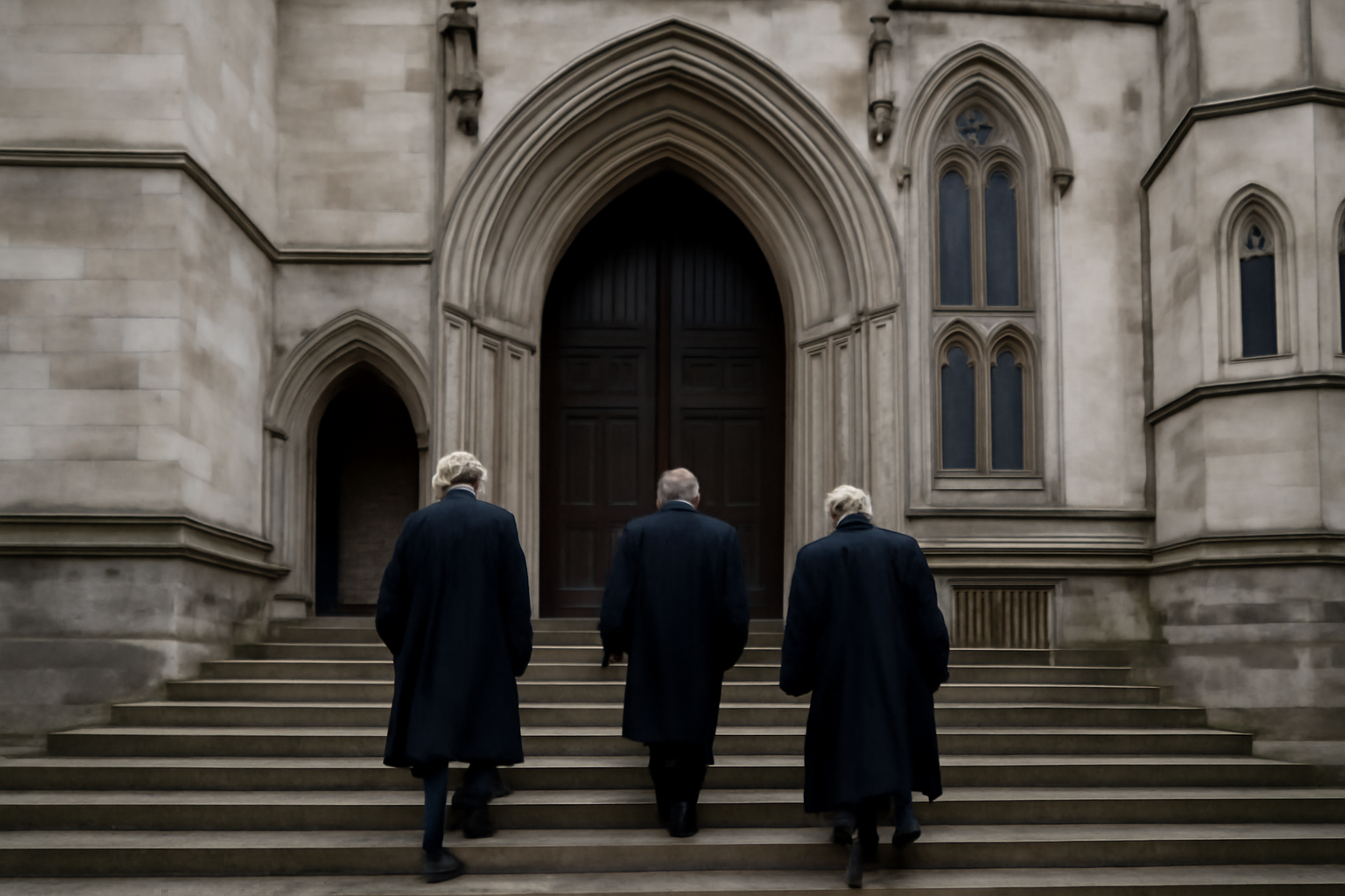 Exterior of a Court of Appeal building in England with barristers walking toward the entrance