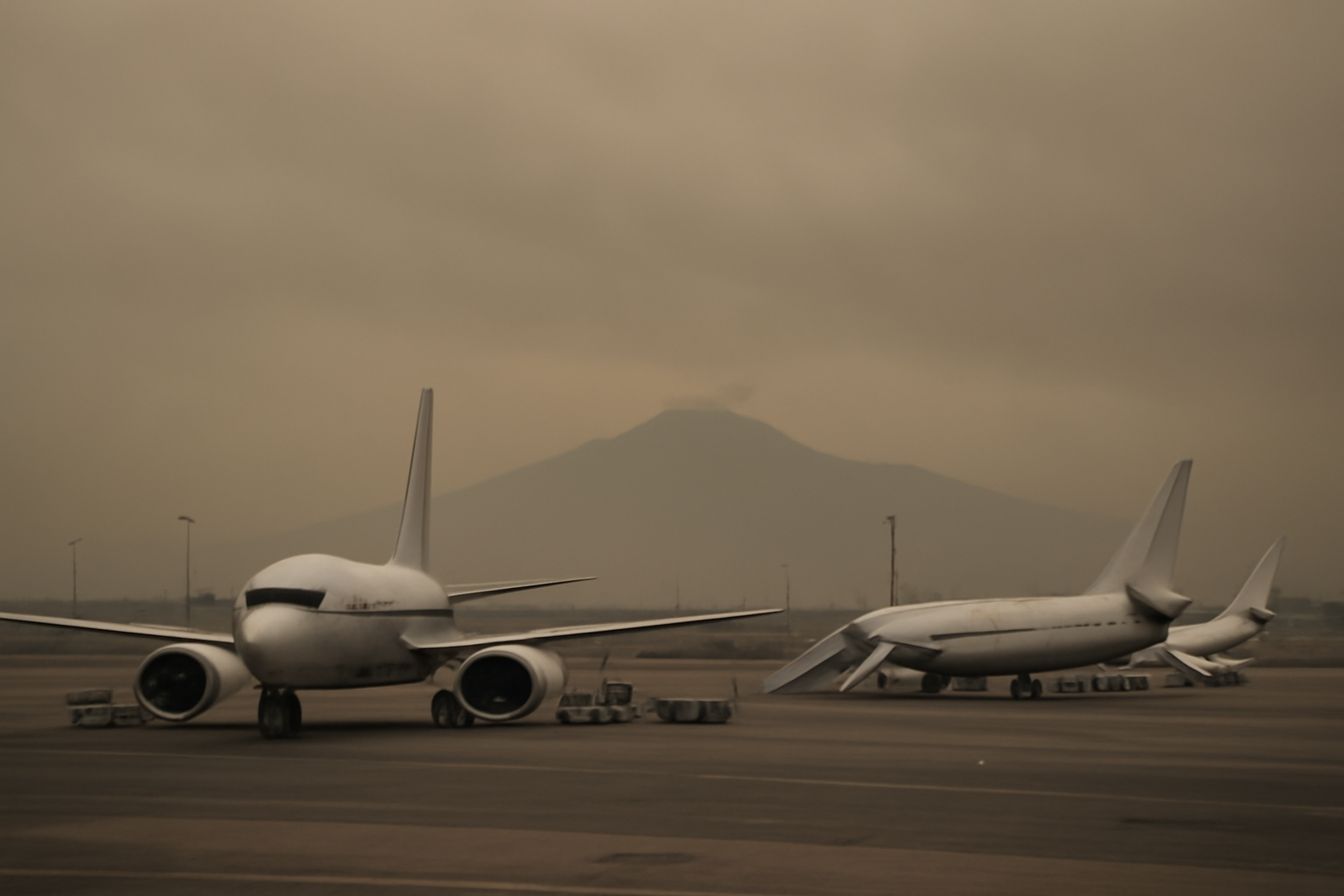 Grounded passenger jets parked at a Sicilian airport terminal under a hazy gray sky