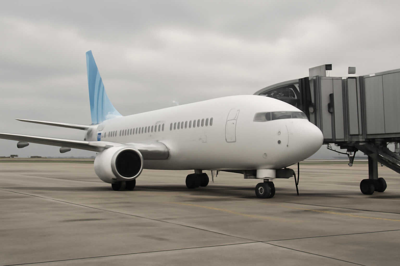 A Flydubai Boeing aircraft on the tarmac with a jet bridge attached at an airport gate
