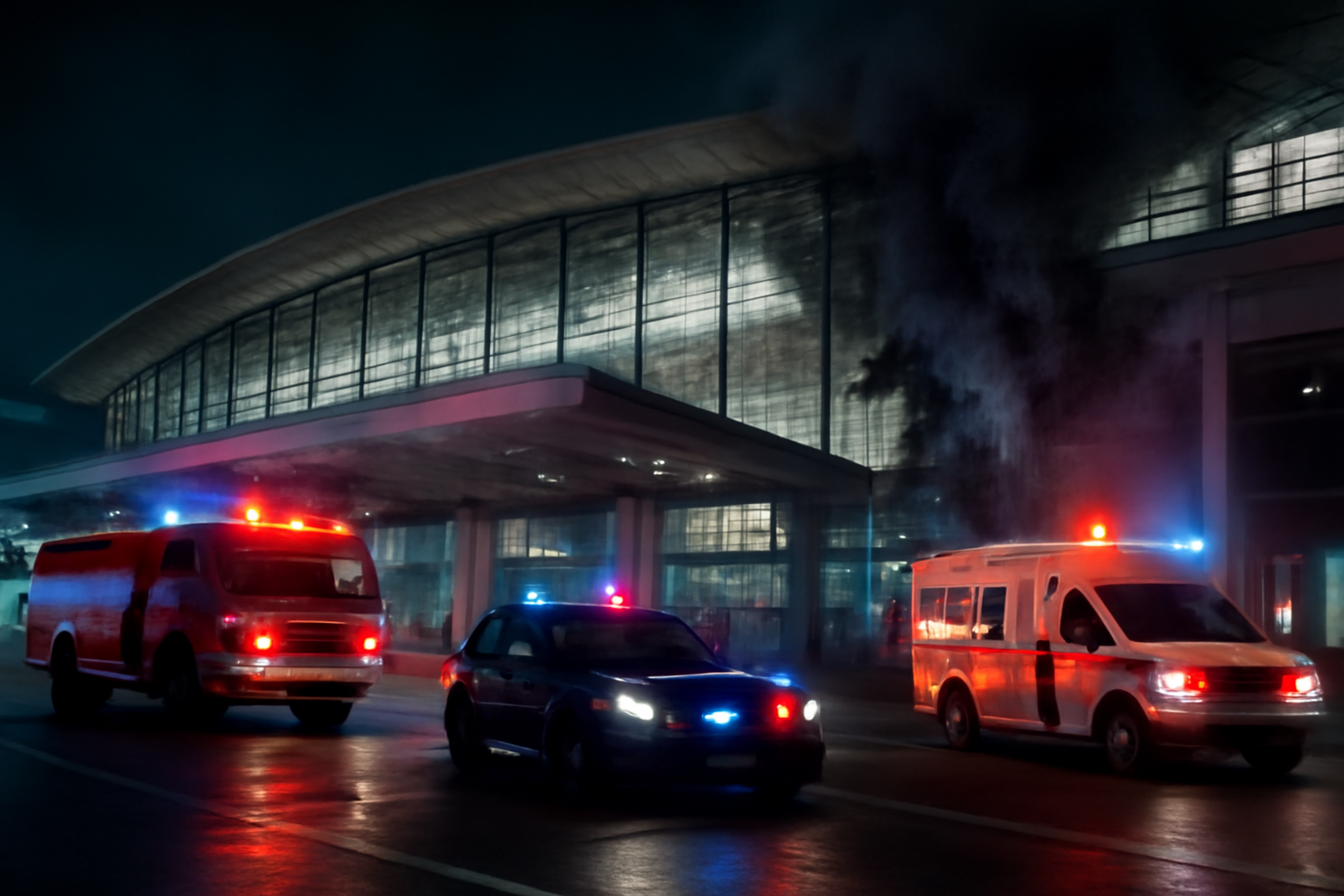 Emergency vehicles with flashing lights parked outside a damaged airport terminal at night