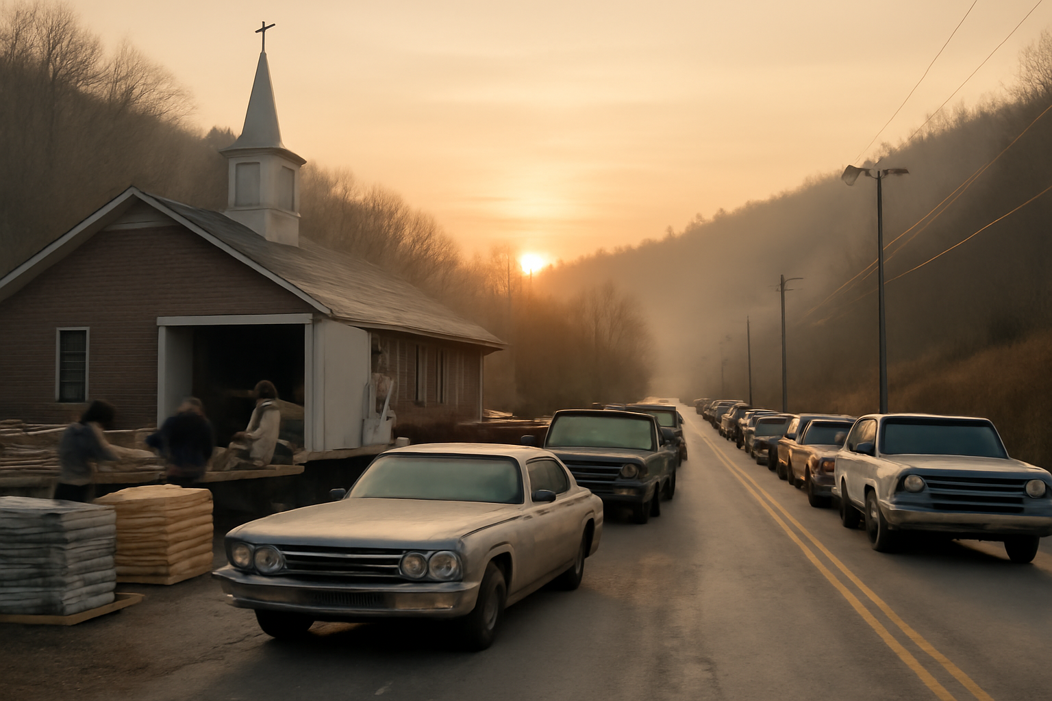 Cars line up before sunrise outside a West Virginia food pantry in the mountains.