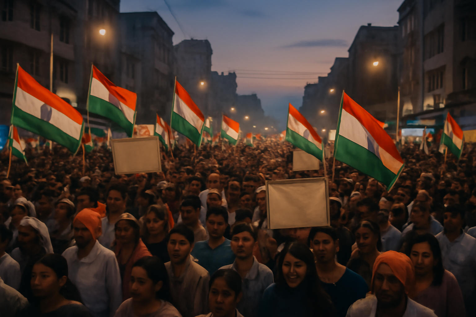 Crowded street protest scene in an Indian city with banners and a political rally atmosphere