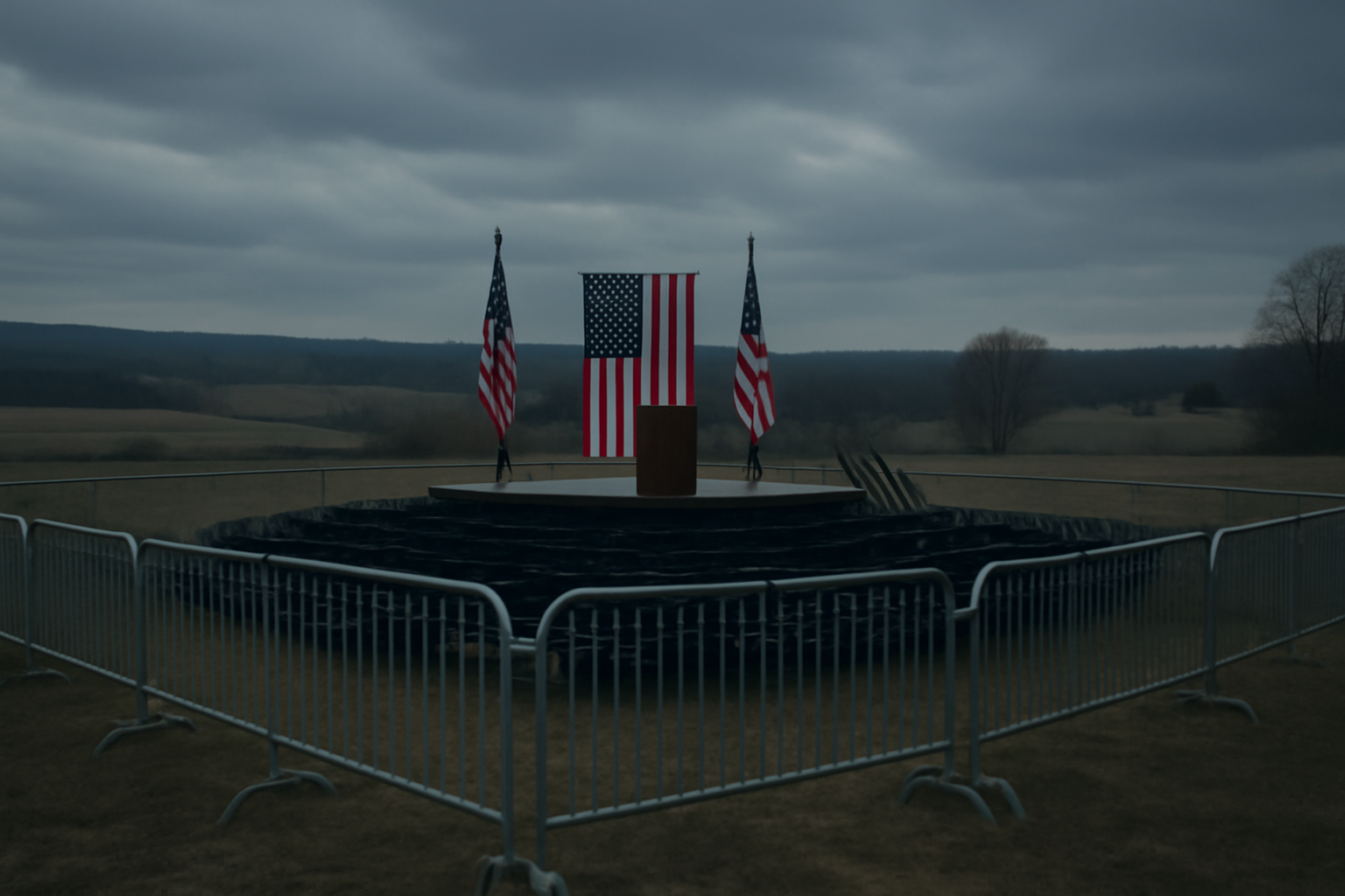 Empty rally grounds behind a metal security barricade in rural Pennsylvania at dusk