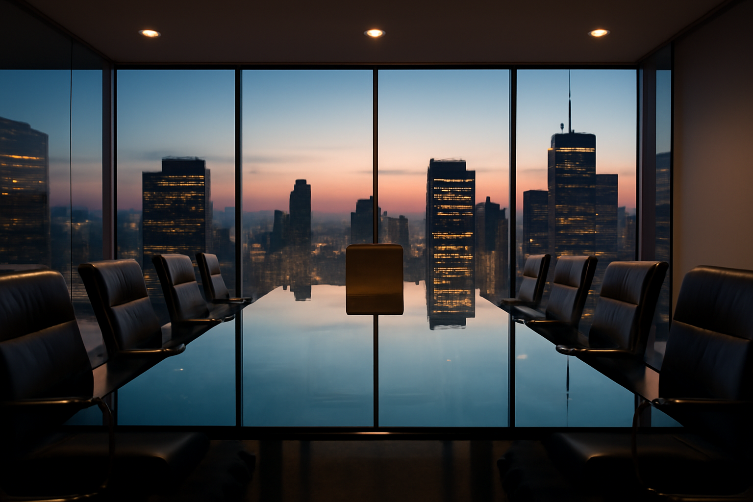 Empty boardroom chairs around a glass conference table with a city skyline visible through the windows