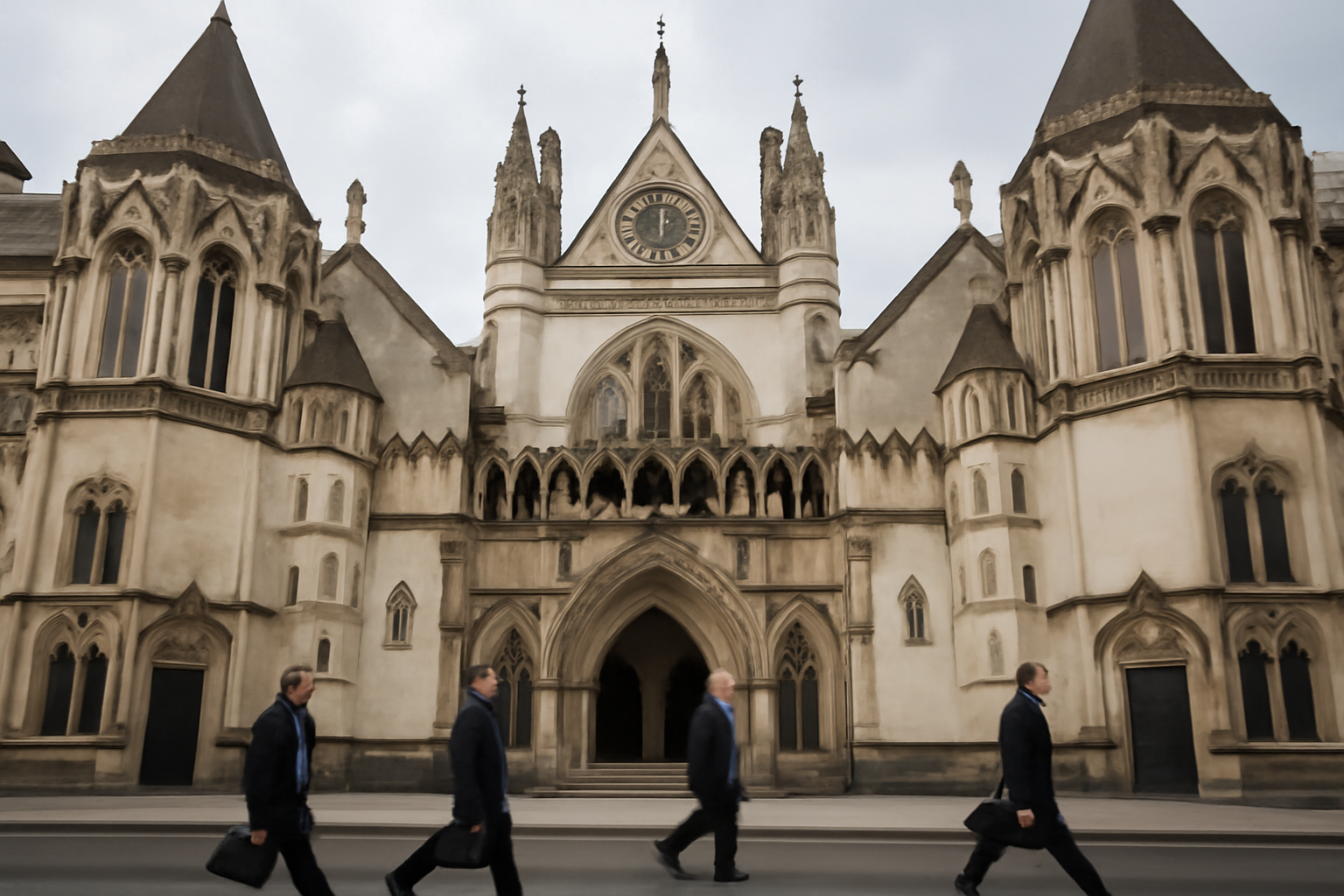 Exterior of the Royal Courts of Justice in London with people walking past the entrance