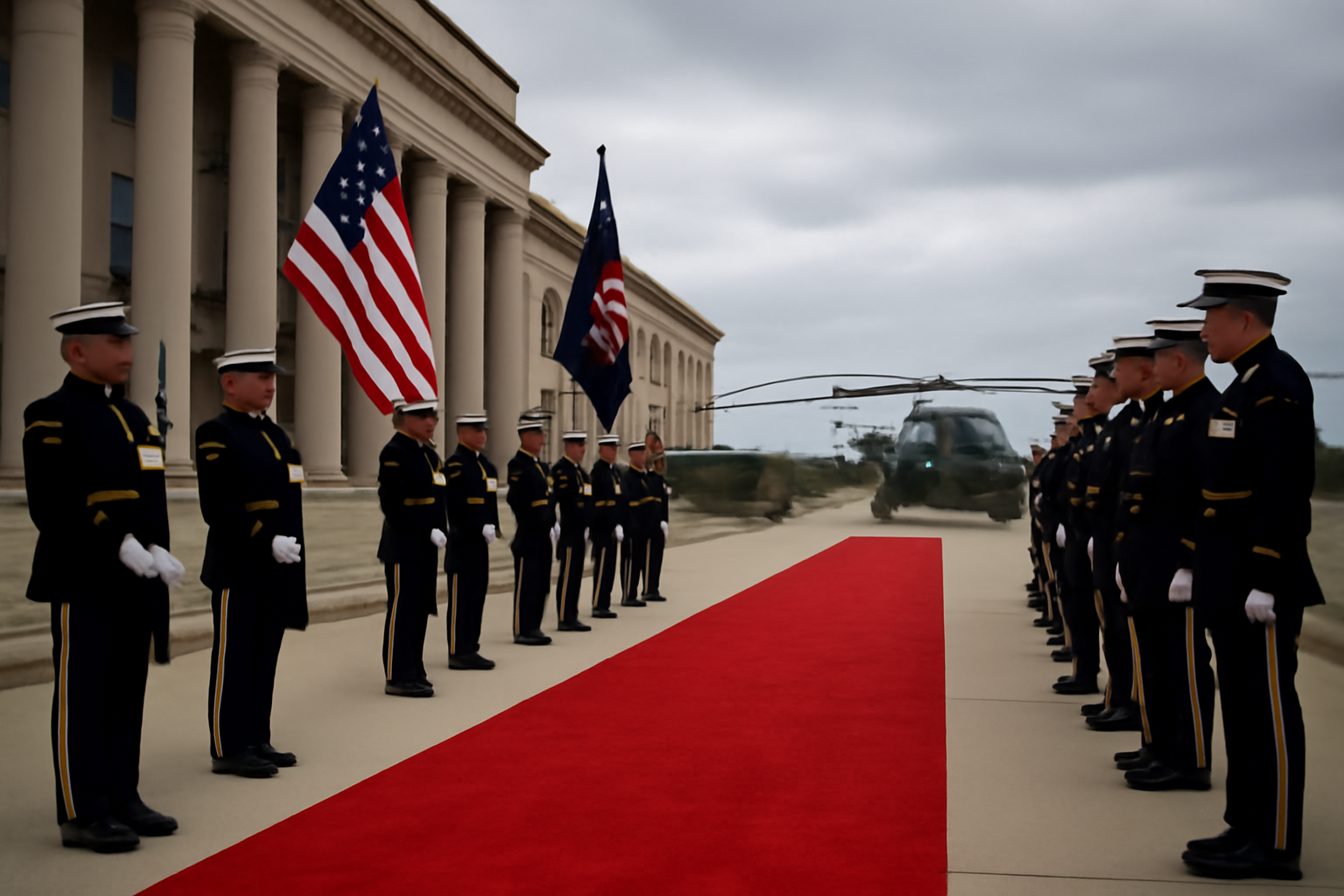 Two national flags and a red carpet outside a government building during a state visit arrival