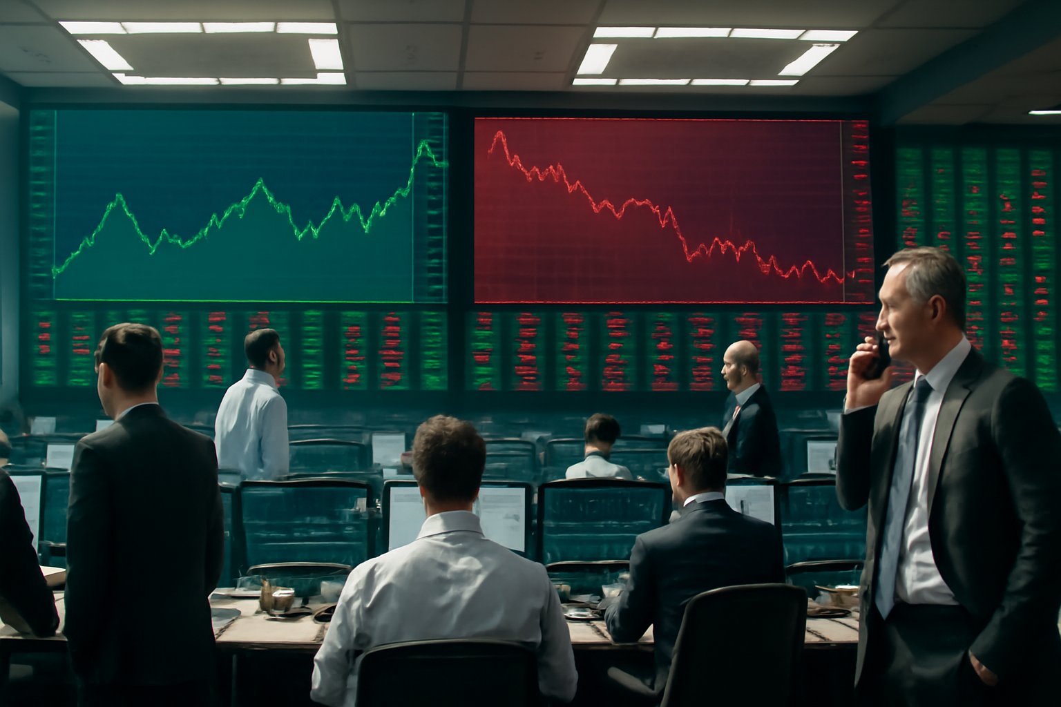 Traders monitor financial charts on multiple screens during an afternoon trading session.