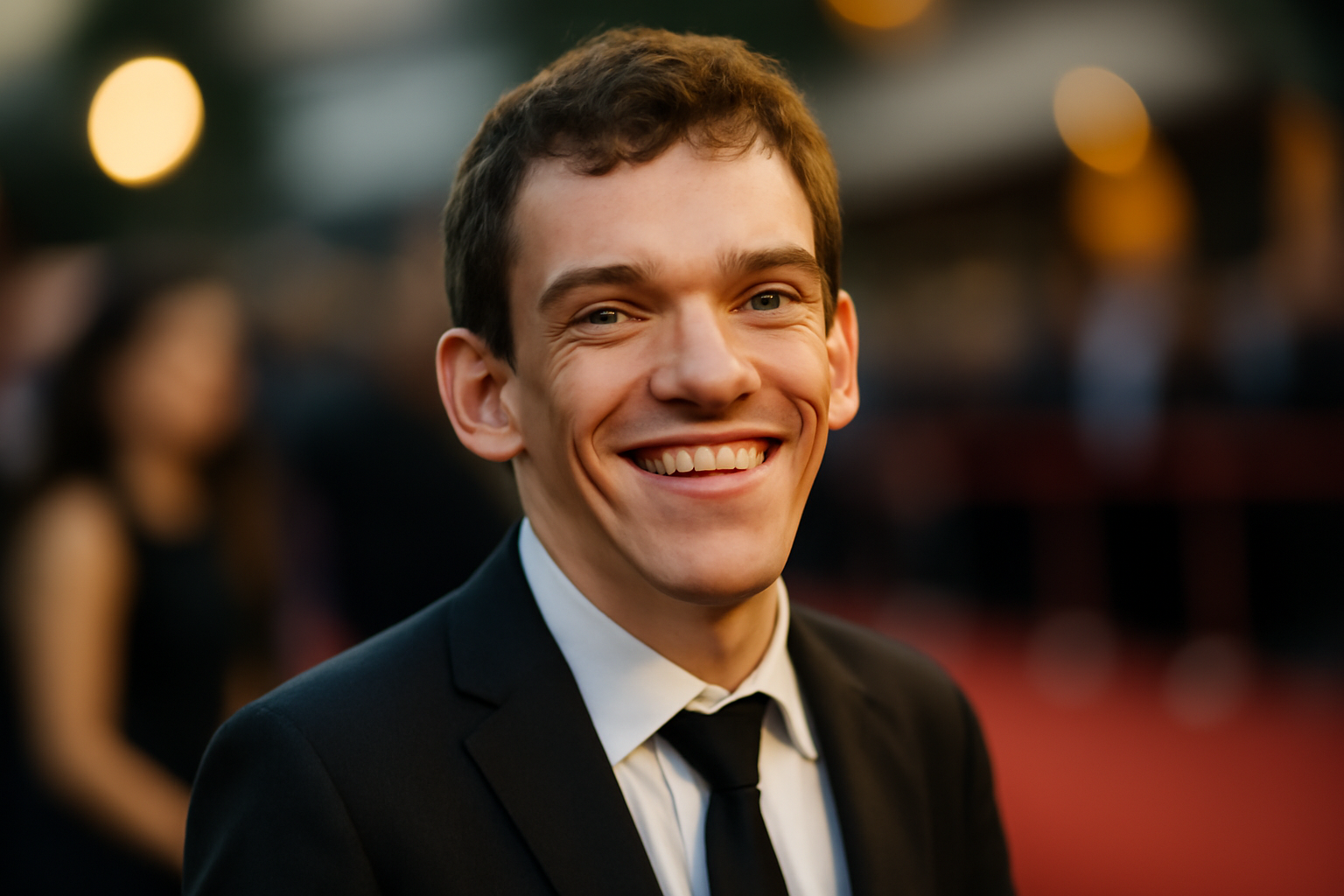 RJ Mitte smiling at a public event, wearing a dark suit