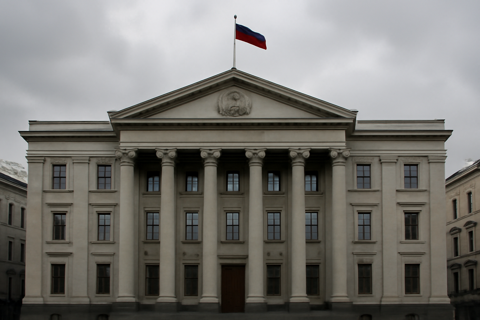 Russian courthouse exterior with a Moscow City Court sign, overcast daylight