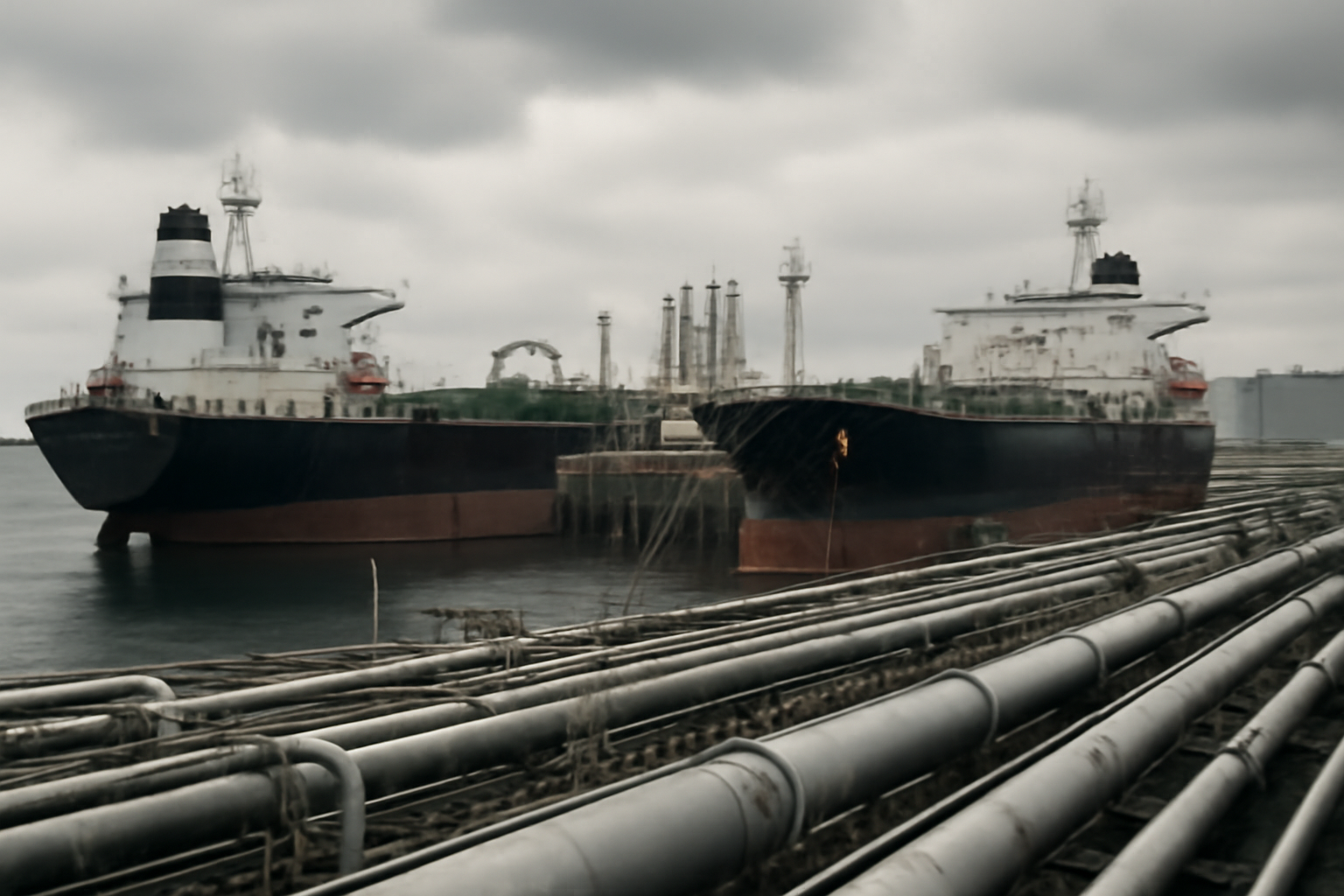 Oil tankers docked at a Russian export terminal with pipeline infrastructure in the foreground