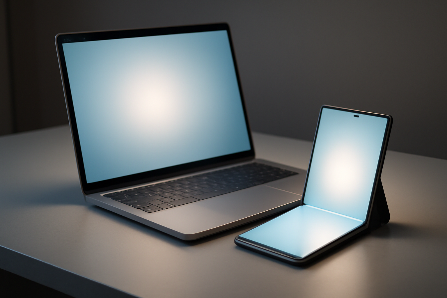 A Googlebook laptop sits next to a Samsung smartphone showing a disconnected device icon