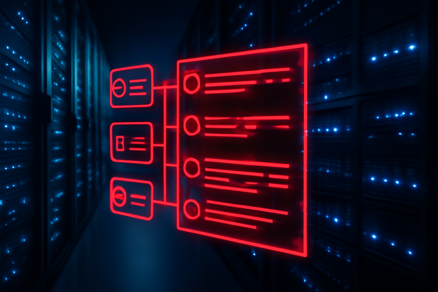 Rows of illuminated bank server towers with a red digital ledger overlay suggesting a financial fraud investigation