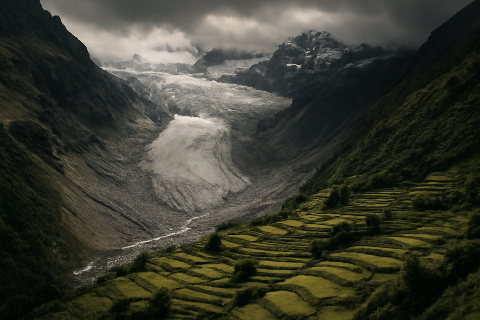 Cracked glacier ice fields above a terraced Himalayan valley in Nepal