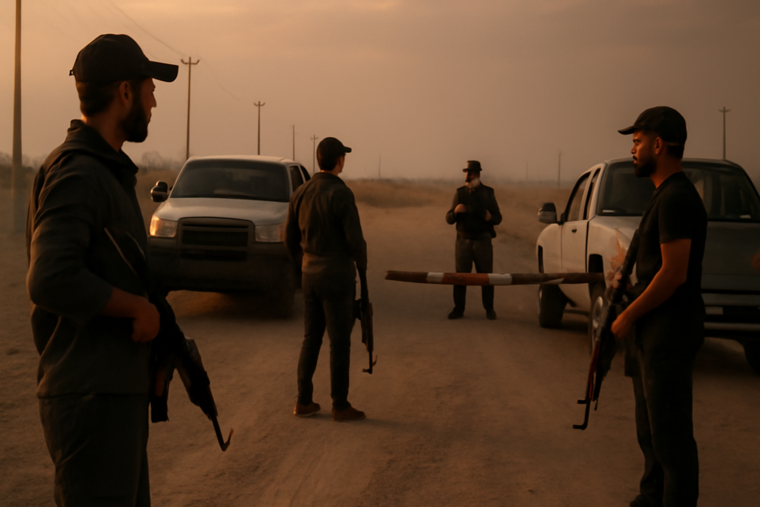 Armed fighters stand near a checkpoint on a dusty road in Iraq at dusk