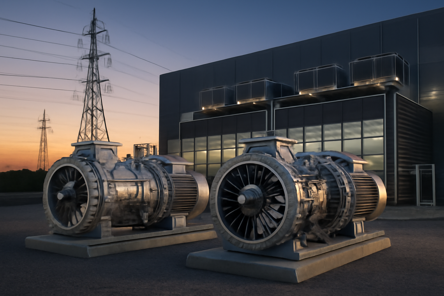 Industrial natural gas turbine units positioned outside a large data center building
