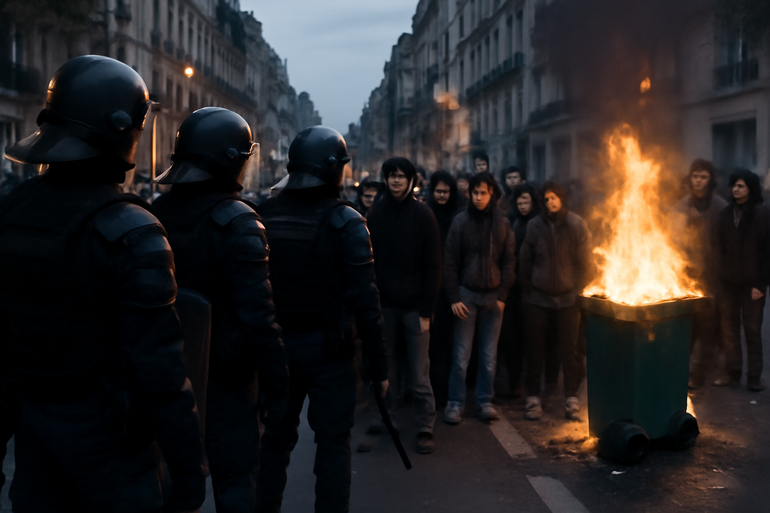 French riot police in protective gear facing student protesters near a burning bin on a Lille street