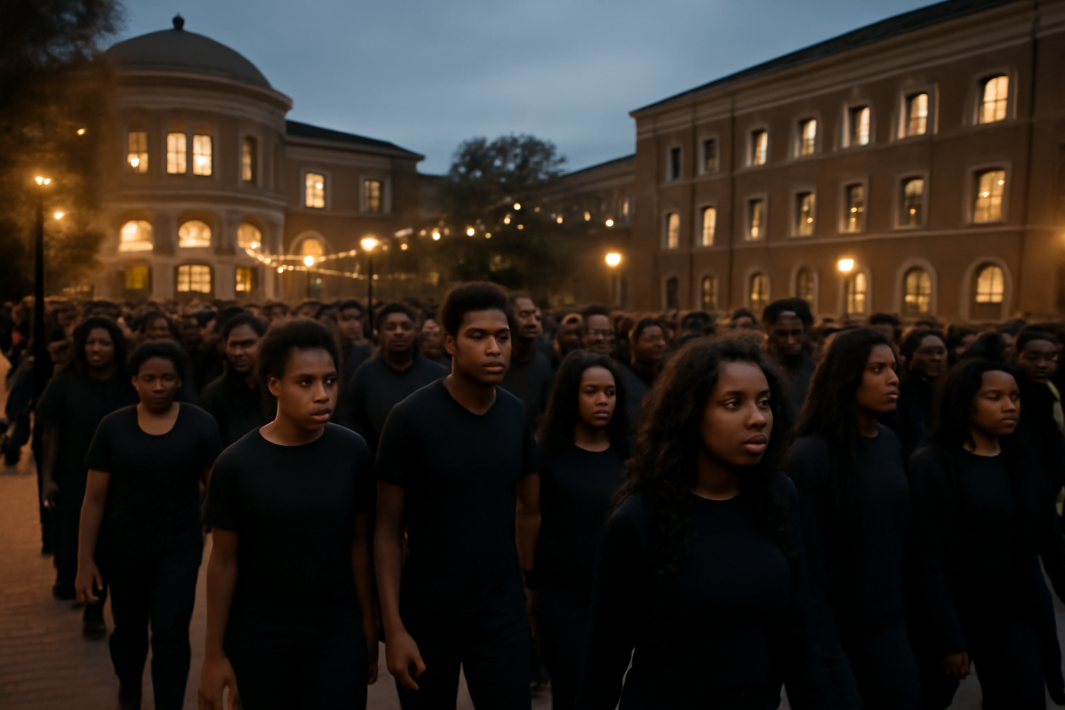 Students in black clothing marching through a university plaza at dusk