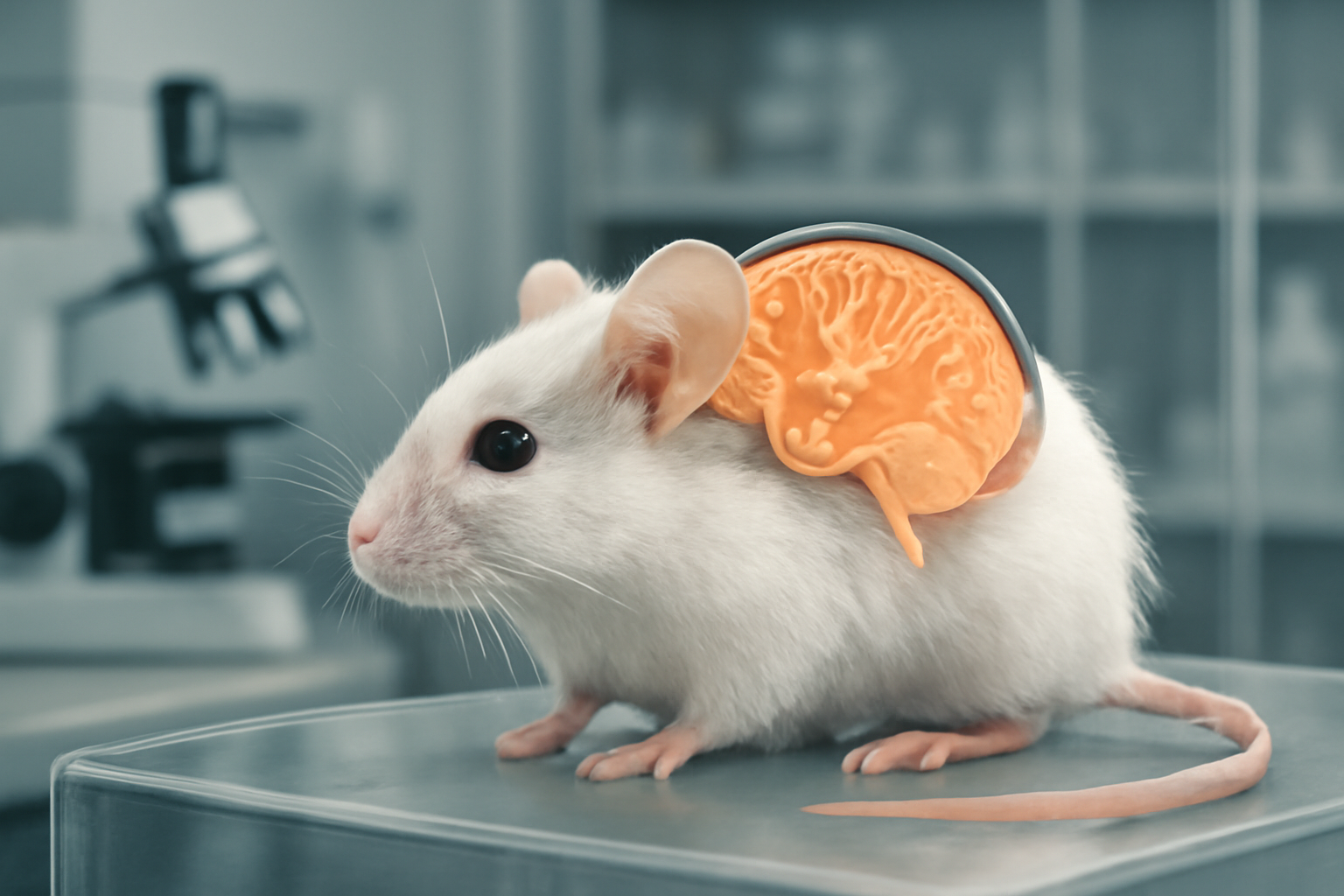 Mouse in a laboratory setting with a brain scan overlay