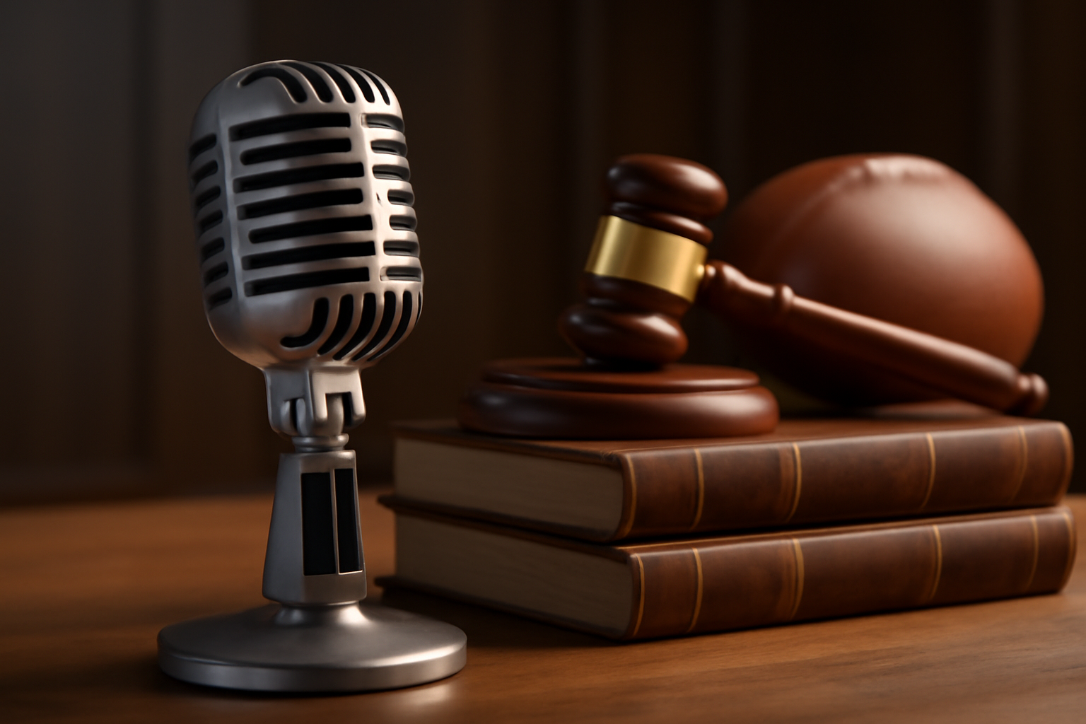 A radio microphone beside law books, a gavel, and a football on a newsroom desk