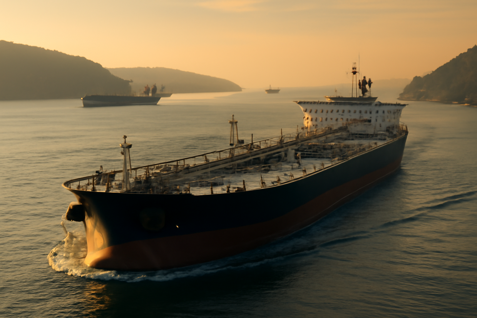 Oil tanker transiting a narrow strait with container ships in the background under a hazy sky