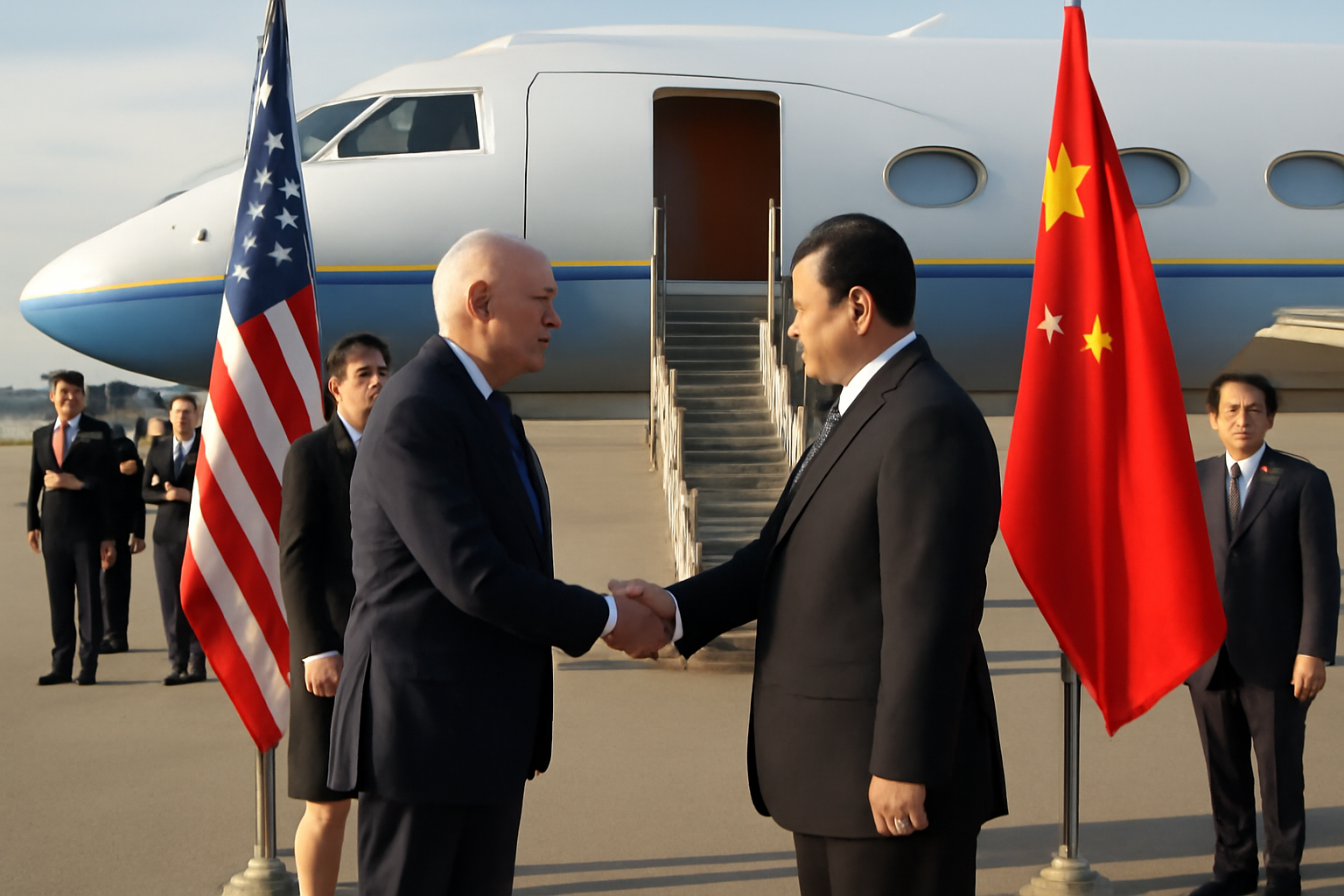 Two national delegations exchange greetings on an airport tarmac beside a parked government aircraft