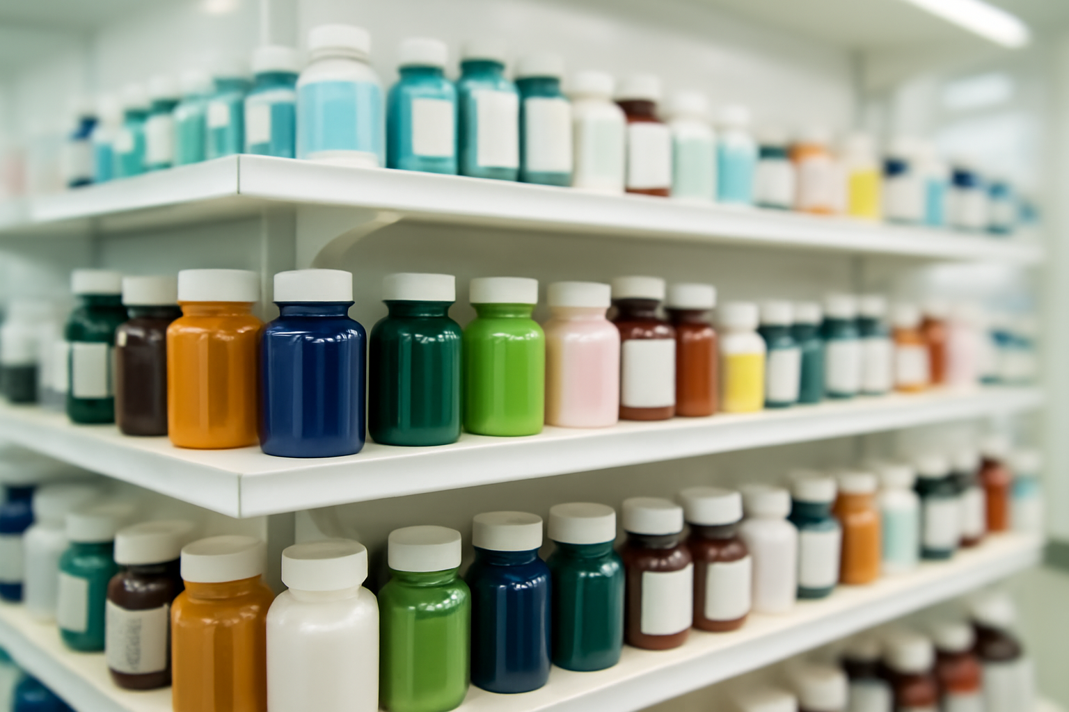 Rows of supplement bottles with health claim labels lined up on a store shelf