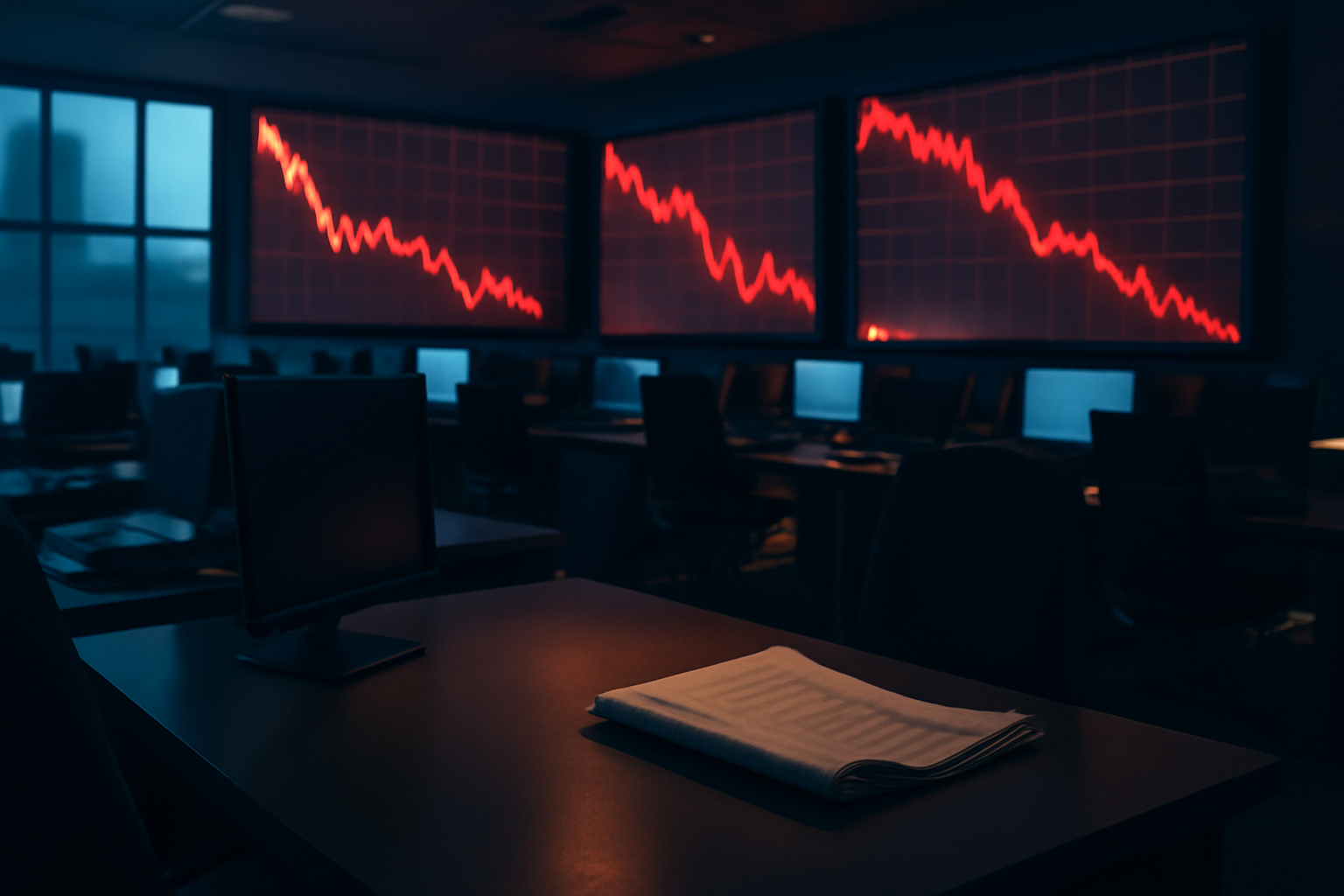 Trading floor screens showing declining stock charts beside a newspaper front page