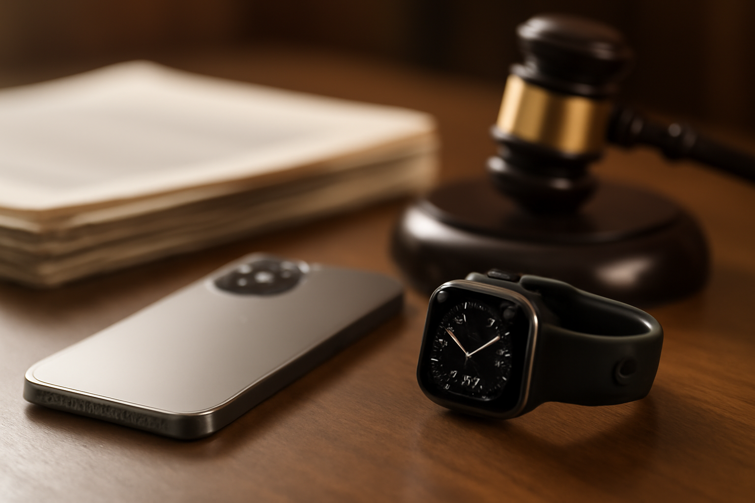 Close-up of an iPhone and Apple Watch resting on a courthouse document folder