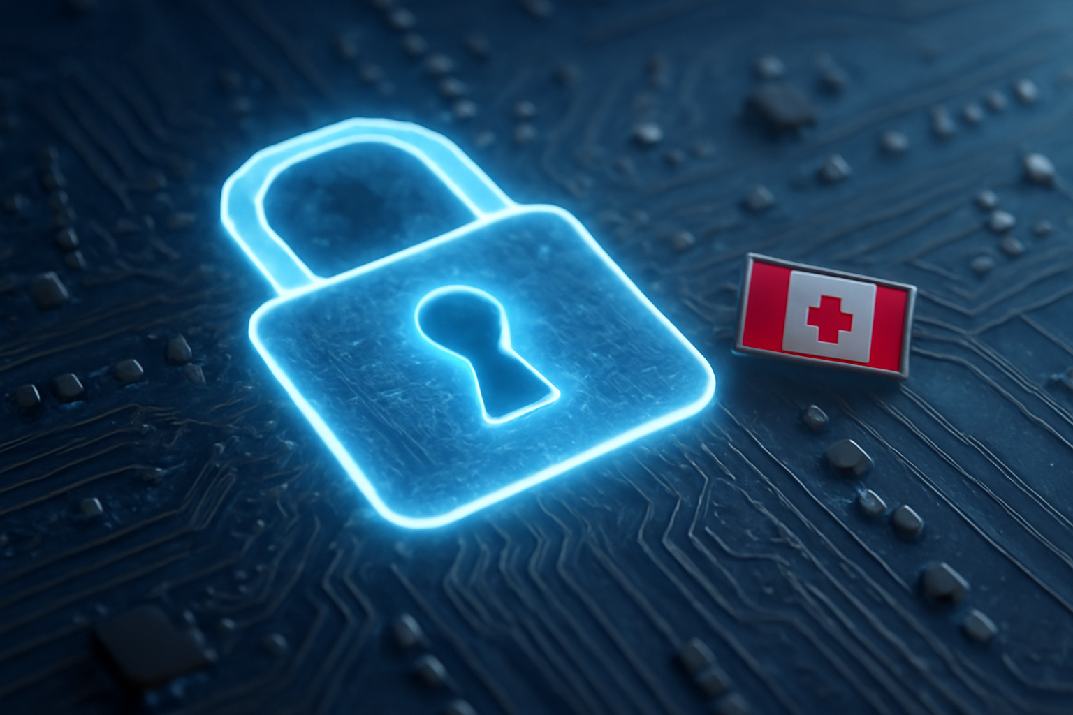 A padlock icon overlaid on a circuit board pattern beside a small Canadian flag