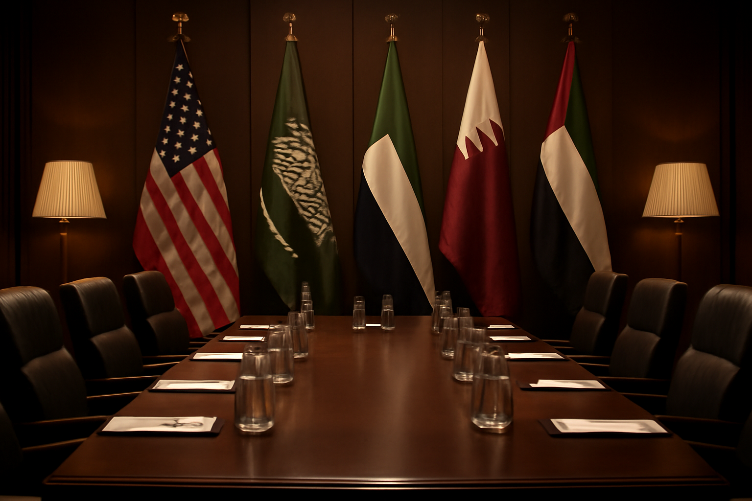 Diplomats seated at a formal conference table with Gulf and American flags in the background