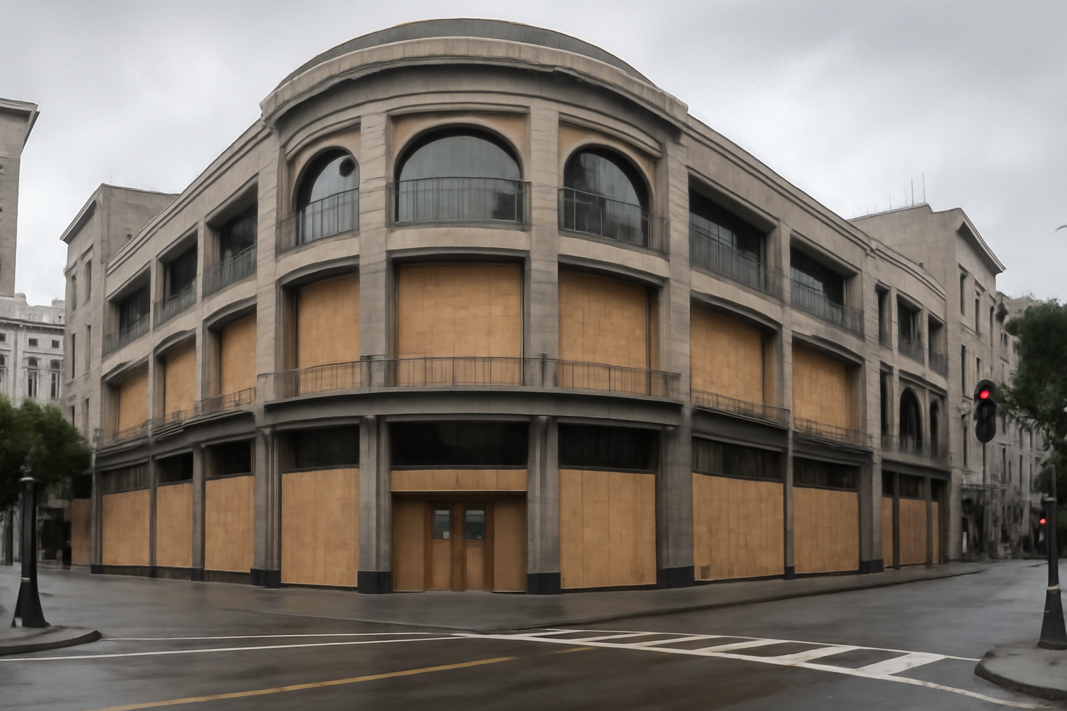 Boarded-up storefront windows at a downtown San Francisco shopping mall entrance