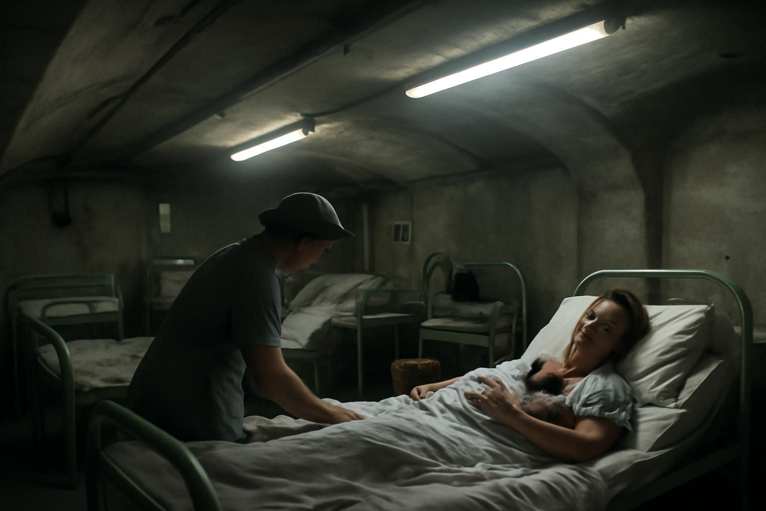 A pregnant woman rests on a cot beside medical equipment inside a concrete underground shelter converted into a maternity ward