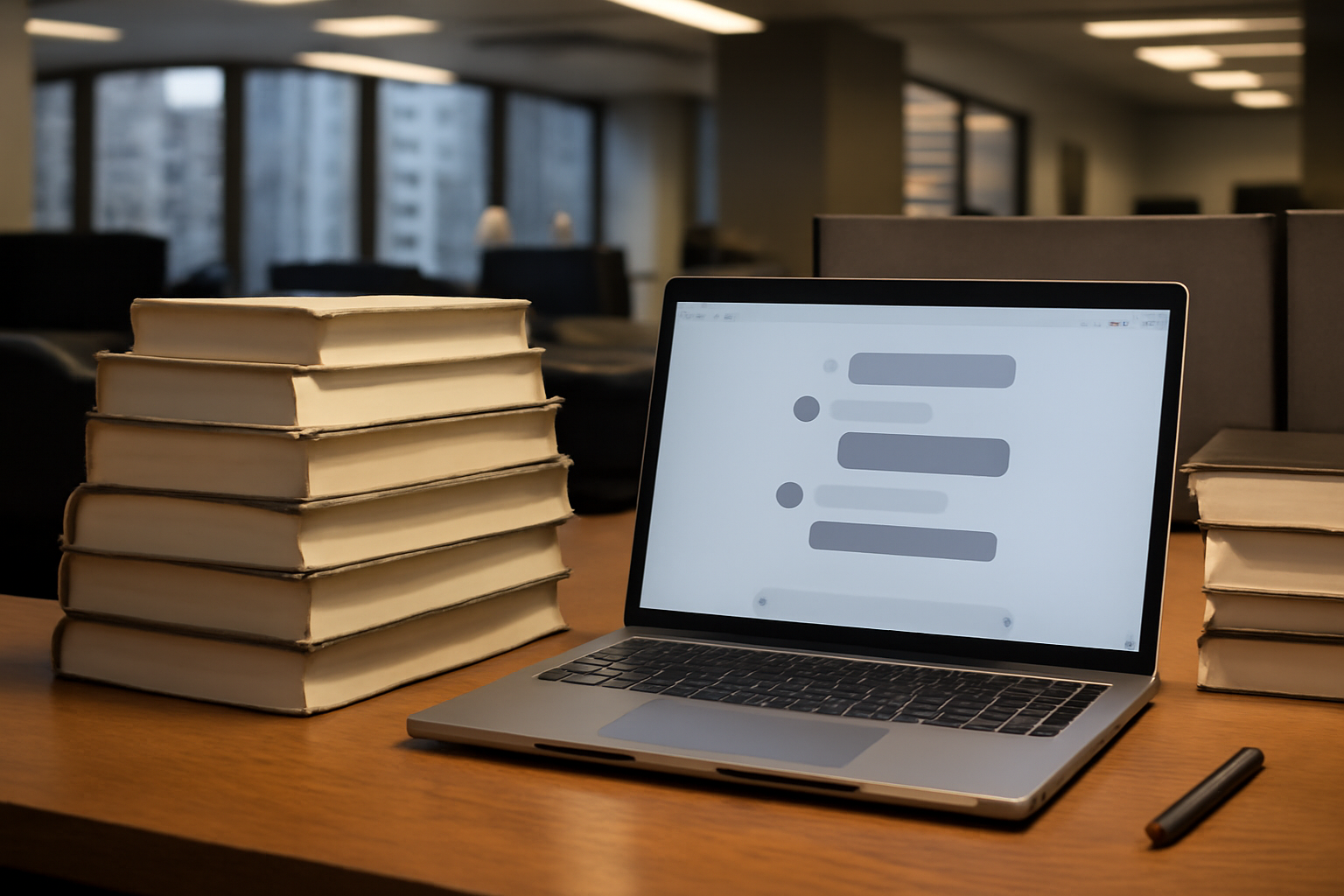 Stacks of hardcover books beside a laptop displaying a chat interface in a publishing office