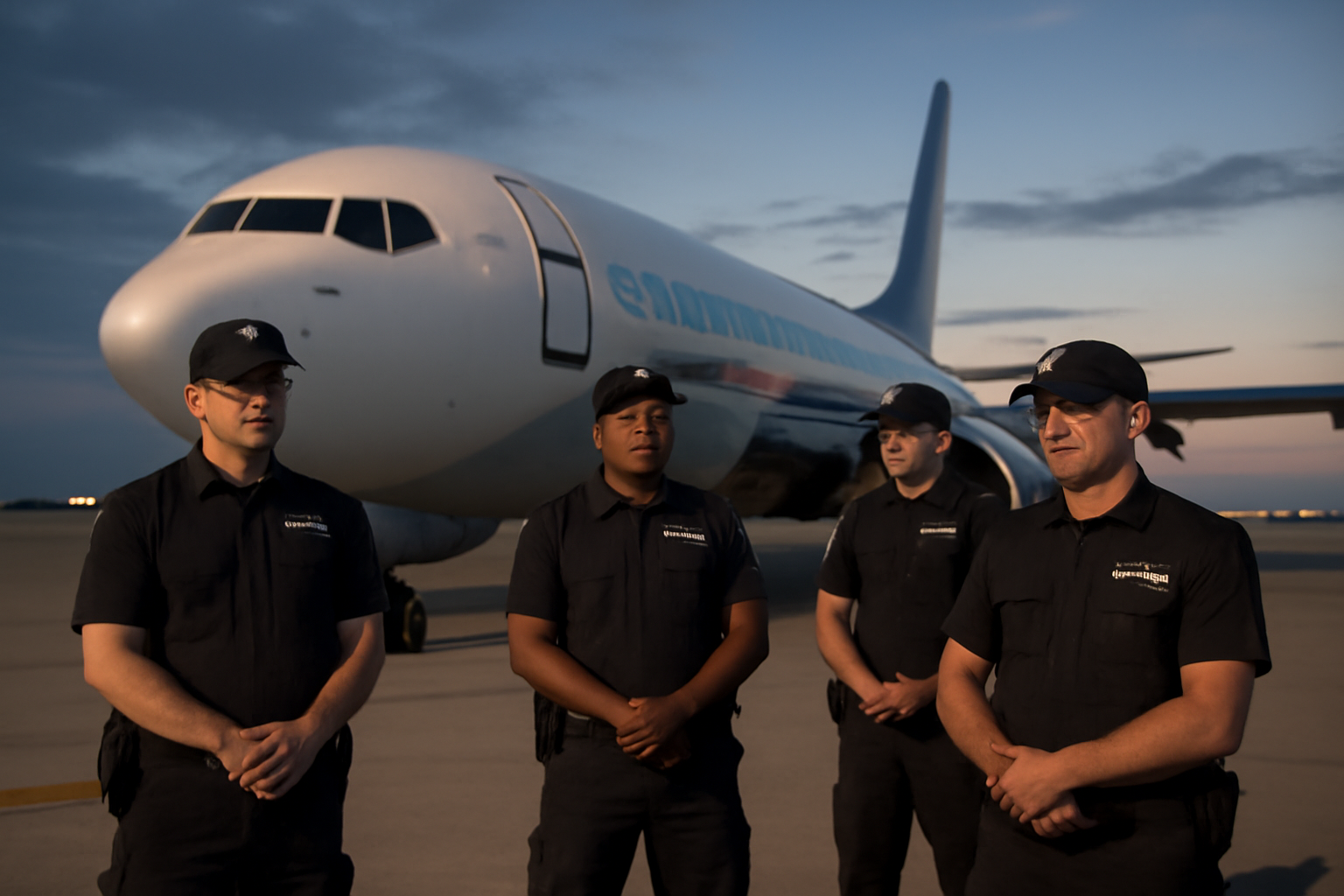 Airport tarmac scene with security officers standing near a deportation flight
