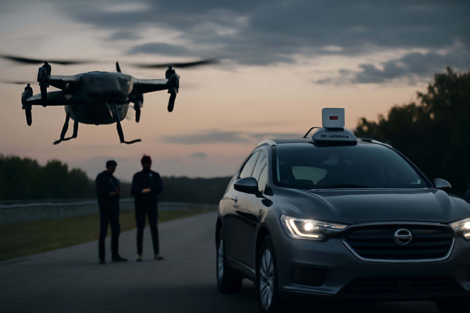 Autonomous drone and self-driving vehicle sensors operating side by side on a testing track at dusk
