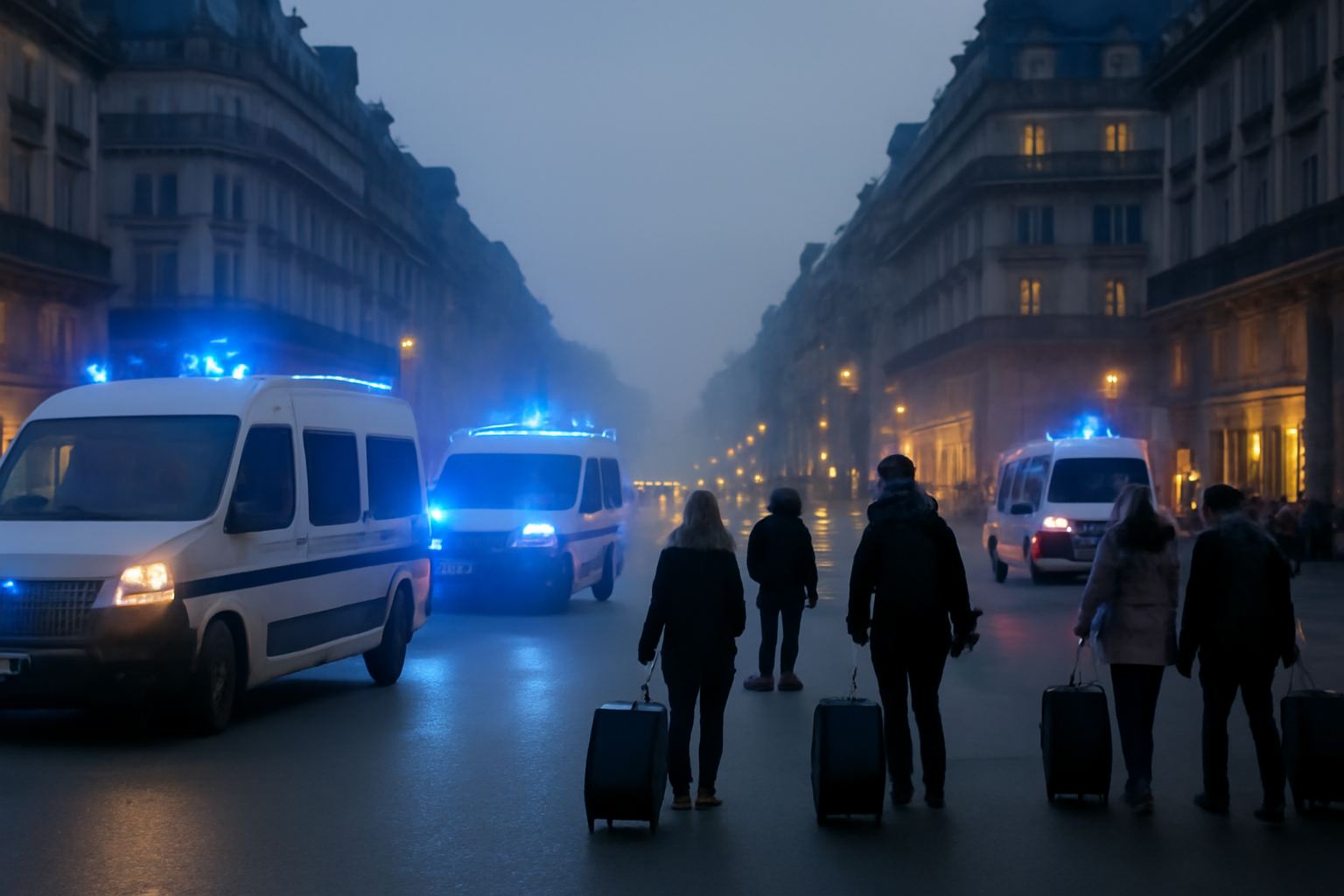 Police and pedestrians near a tear gas haze on a Paris street at dusk