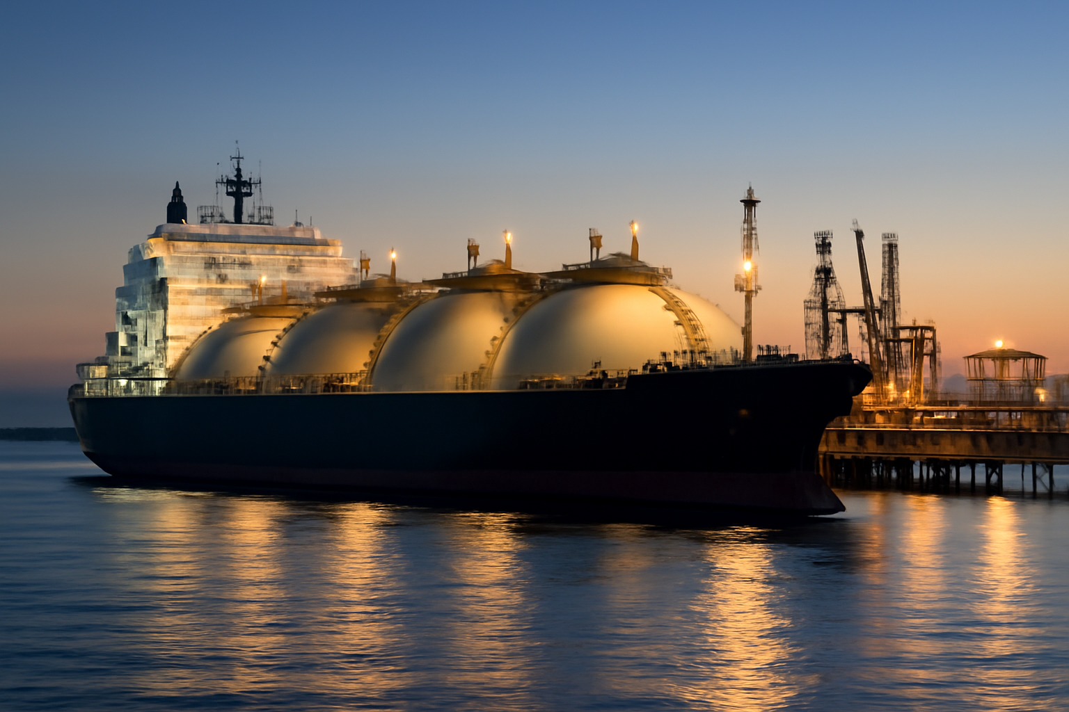 Liquefied natural gas tanker docked beside an export terminal at dusk