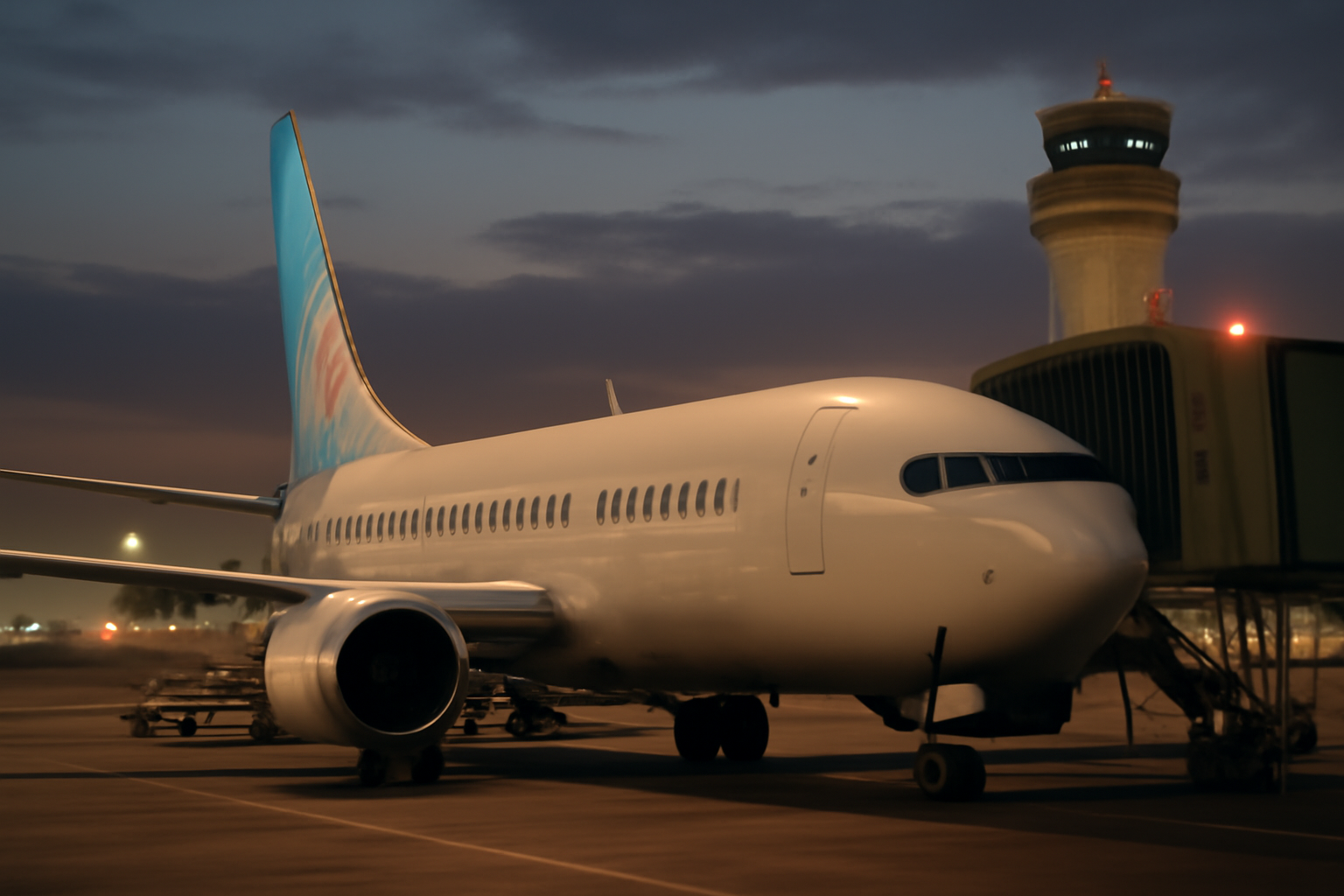 A FlyDubai commercial jet on a tarmac with a control tower in the background