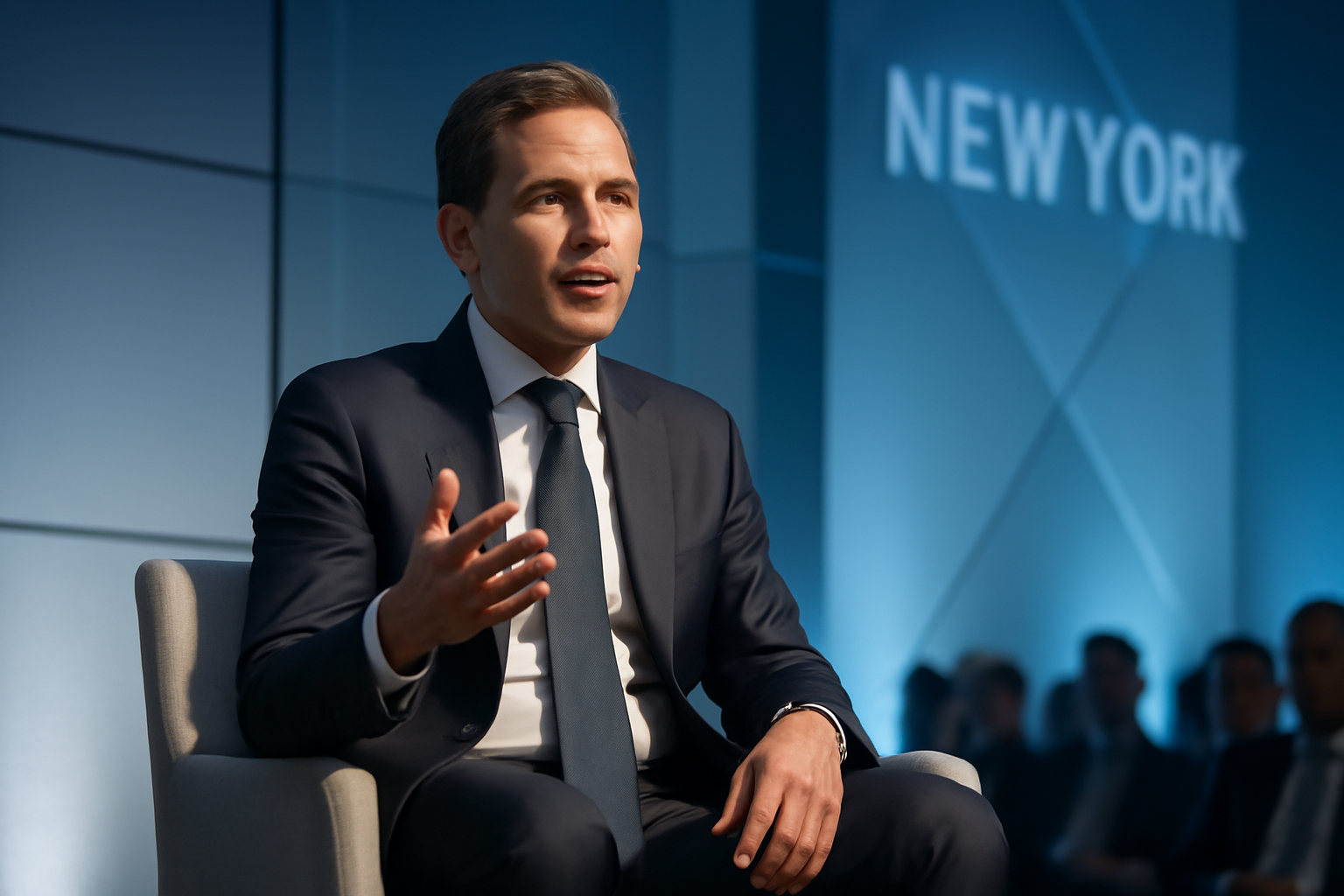 A finance executive speaking on stage at a New York markets conference panel