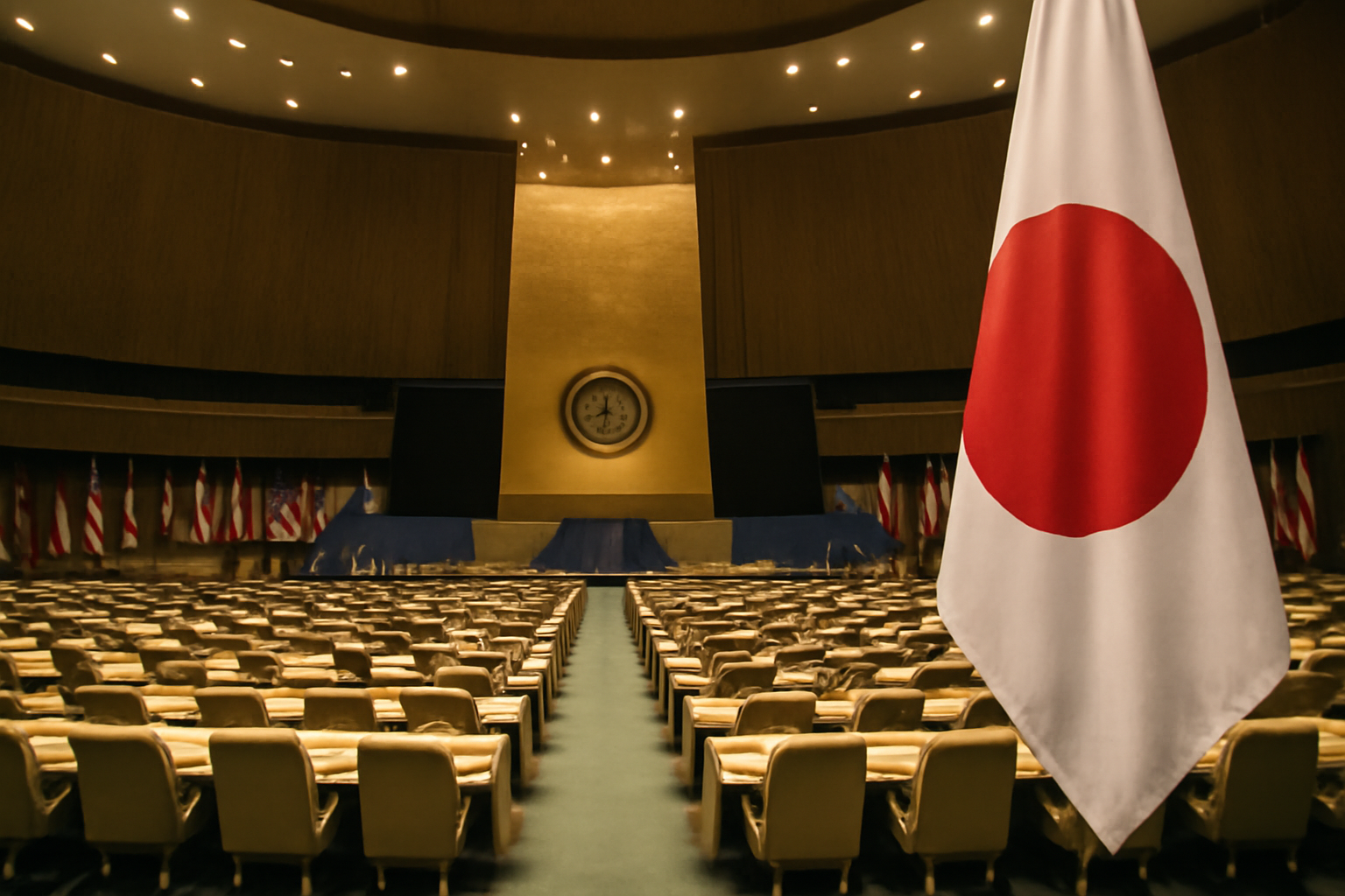 United Nations General Assembly hall with delegate flags including Japan's flag visible
