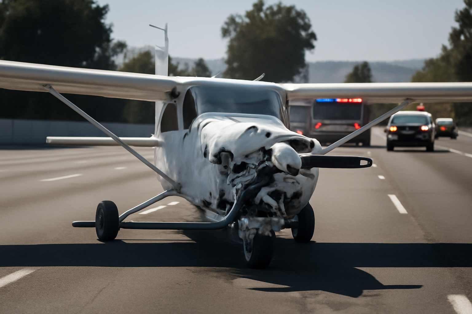 Small propeller plane with crushed nose resting on a California highway after a crash landing