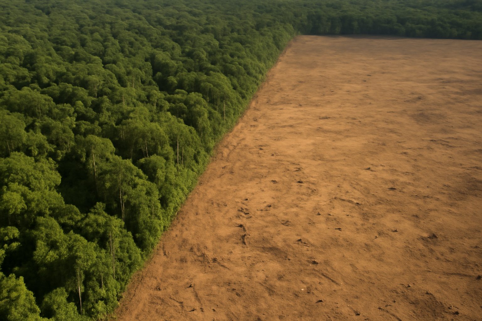 Satellite view of cleared land bordering intact rainforest canopy in the Brazilian Amazon