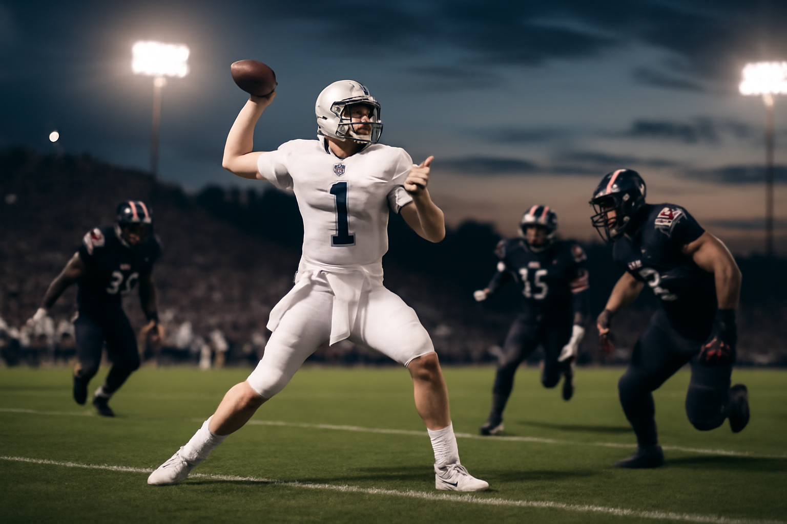 A college football quarterback releasing a pass under a stadium scoreboard showing SEC team names