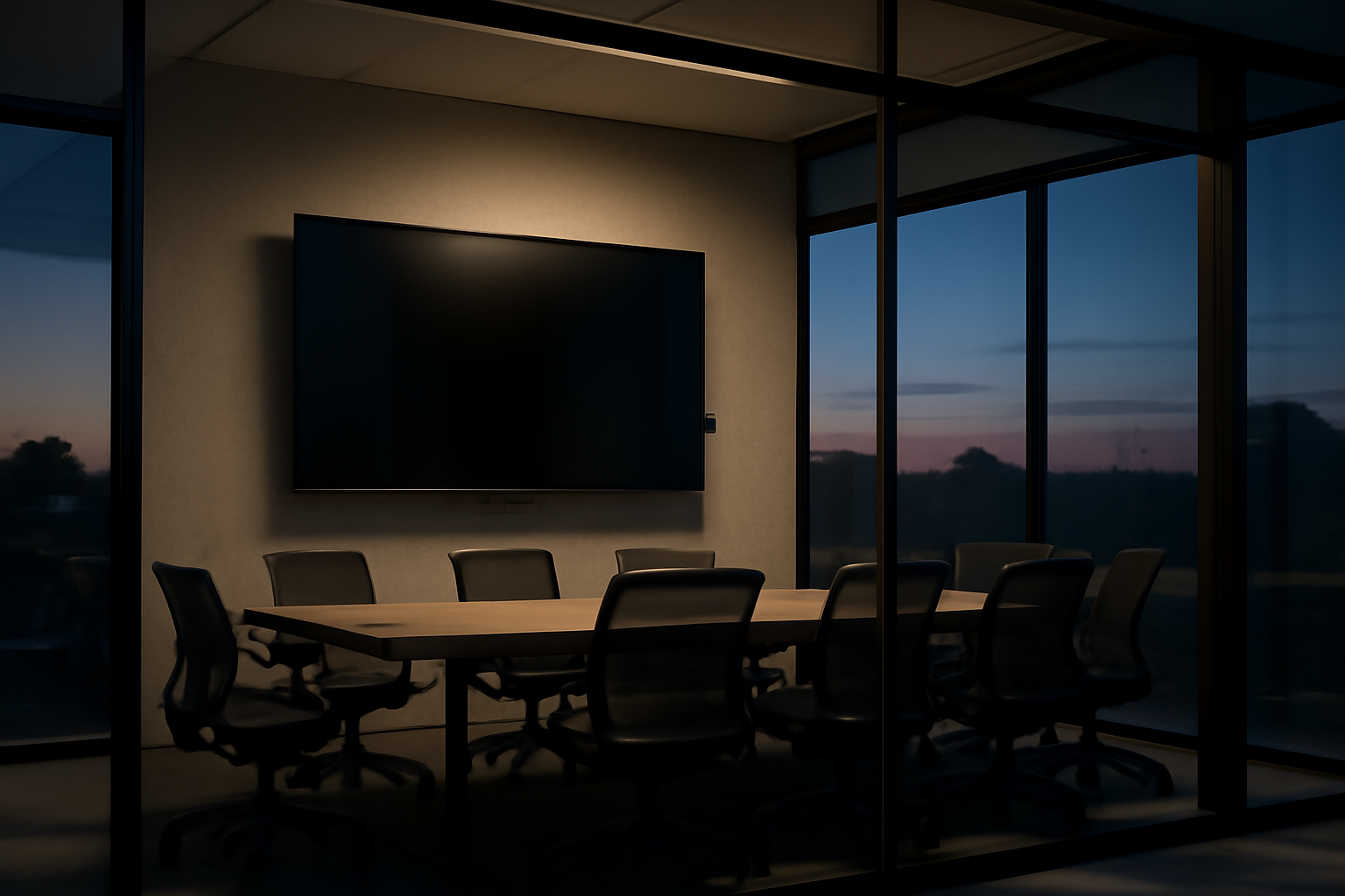 A dark conference room television with a hidden recording device tucked behind its frame