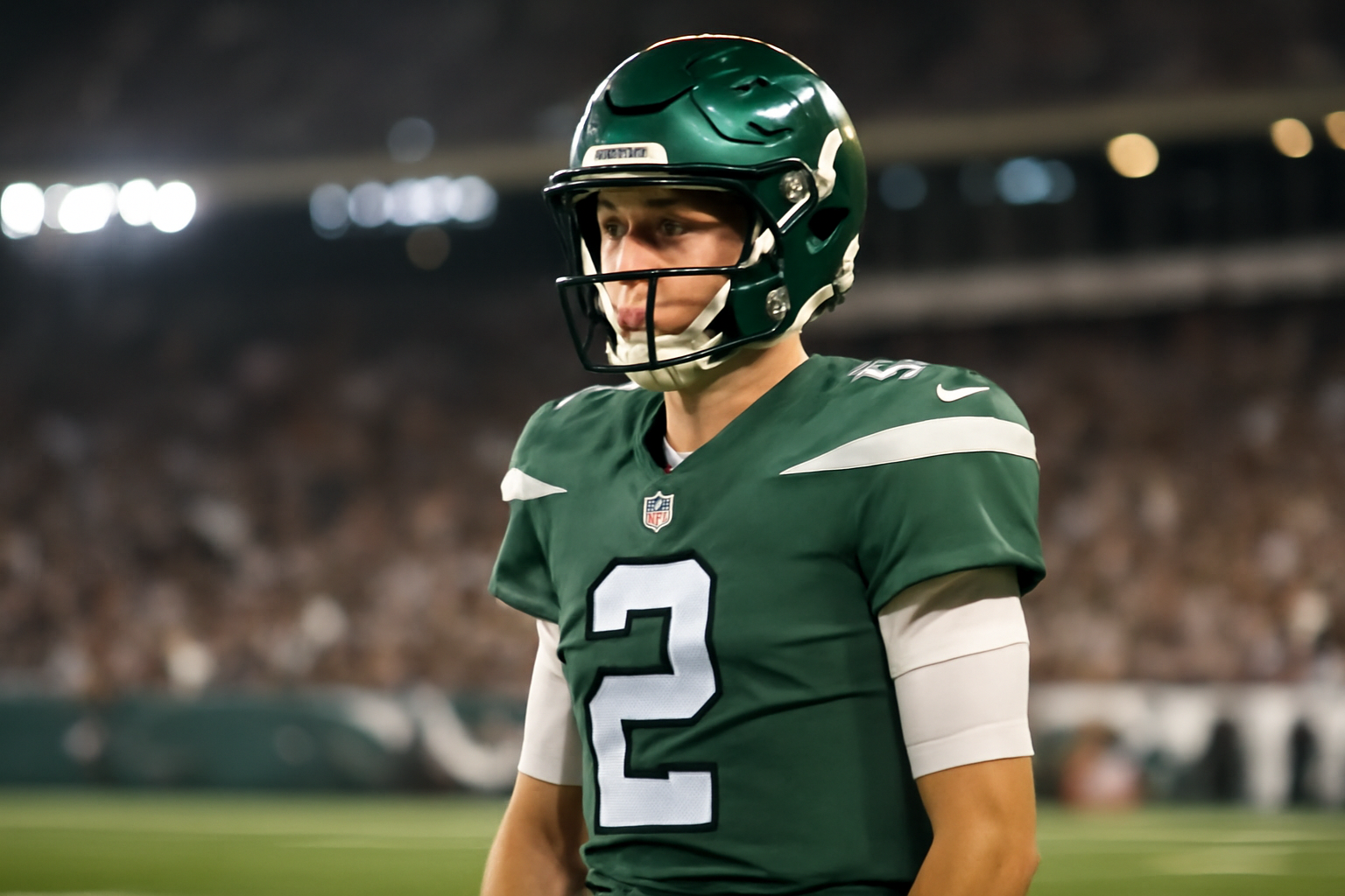 Philadelphia Eagles quarterback Jalen Hurts standing on the sideline in uniform during an NFL game