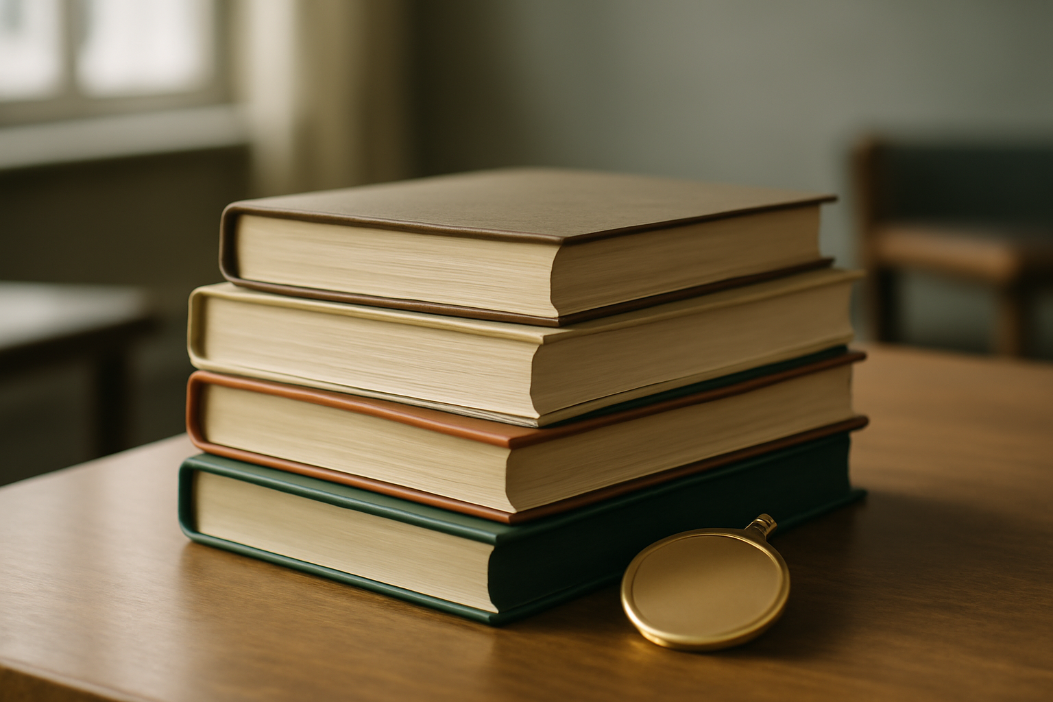 Stack of poetry books beside a gold medallion on a wooden desk