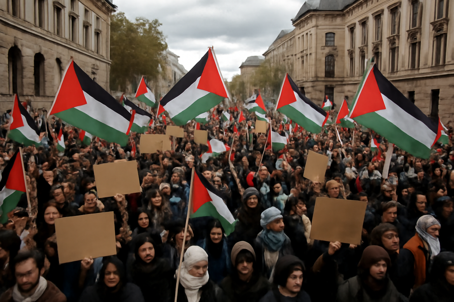 Demonstrators holding Palestinian flags and handwritten signs march past government buildings during a street protest.