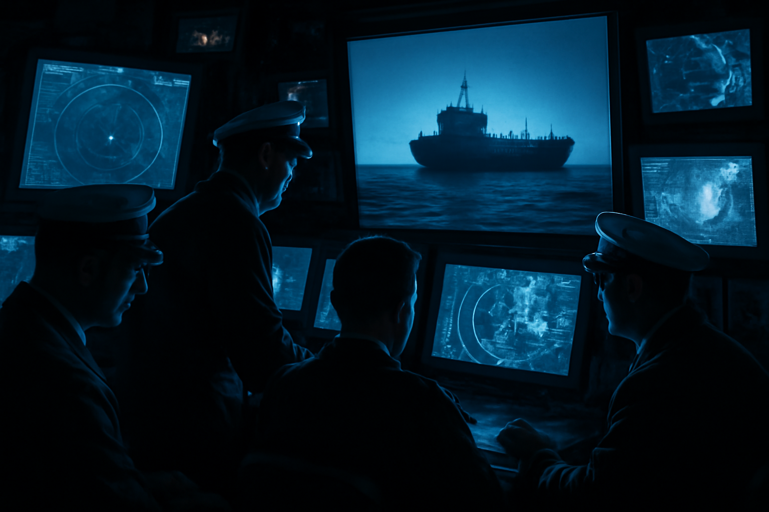 Military radar operators monitoring a cargo ship on tracking screens aboard a naval command center
