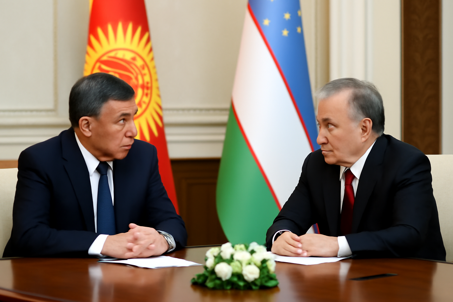 Russian and Iranian presidents seated together at a diplomatic summit table in Turkmenistan